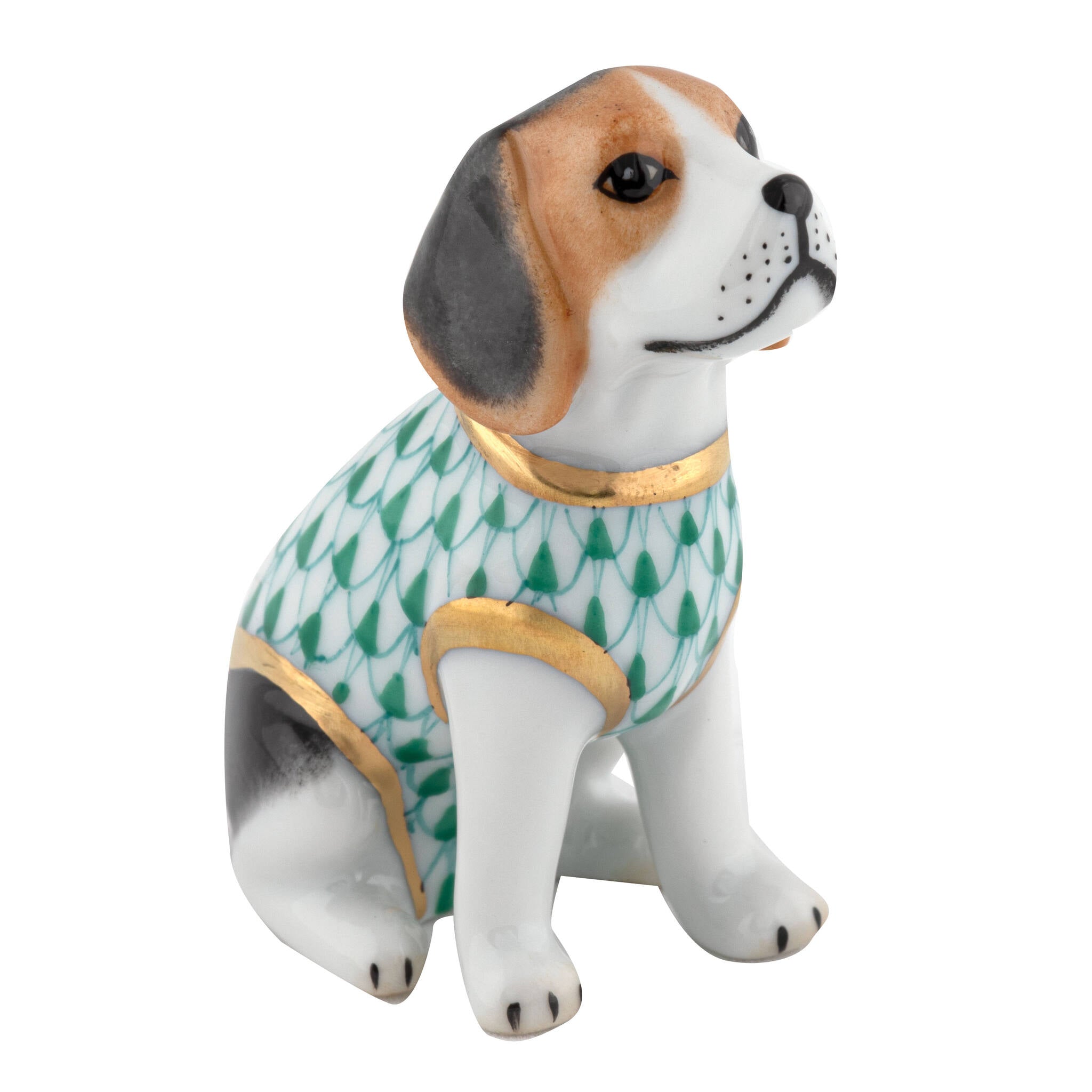 Herend Beagle Puppy Figurine porcelain figurine painted in the Green fishnet pattern