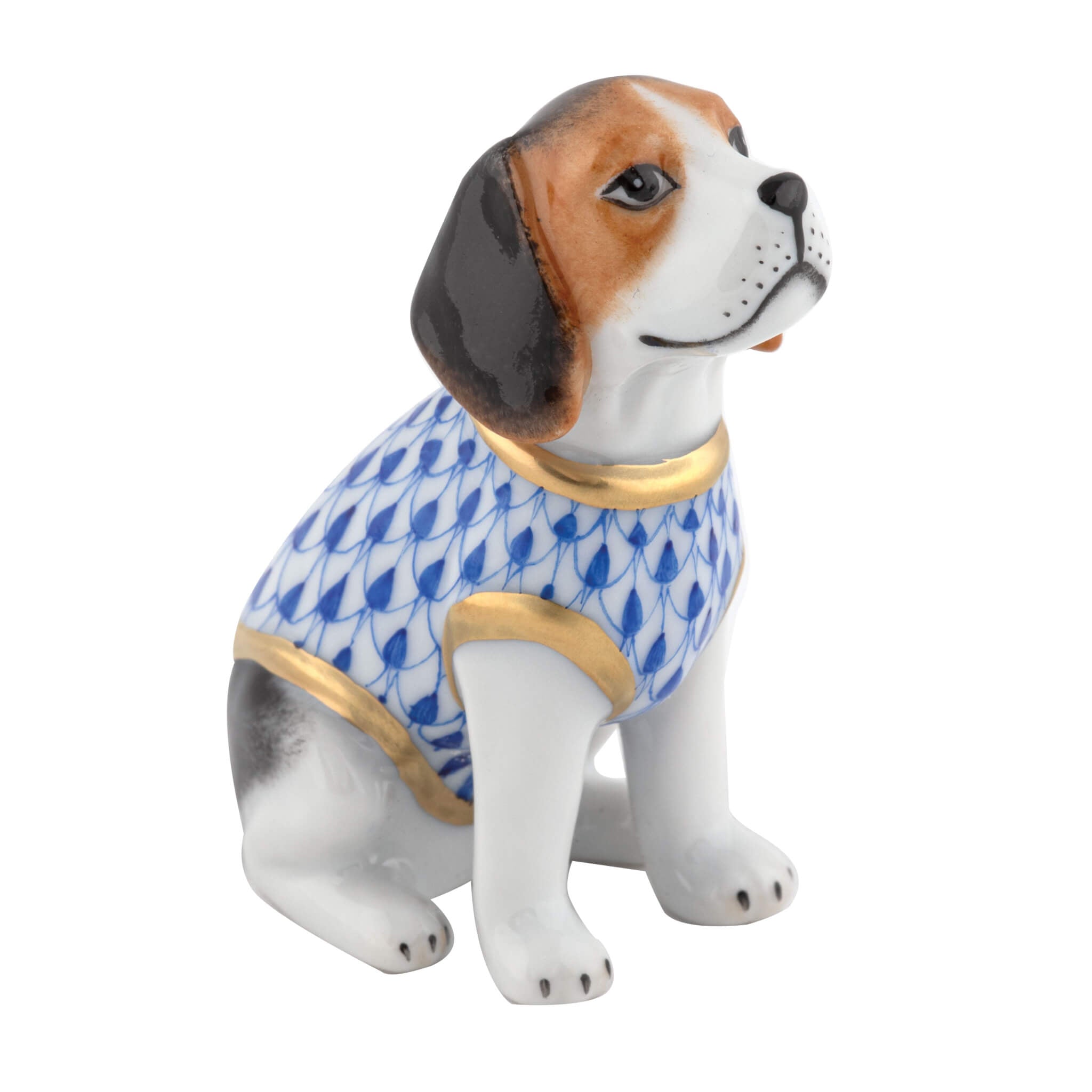 Herend Beagle Puppy figurine in Sapphire with deep sapphire blue fishnet pattern with gold accents on a white background