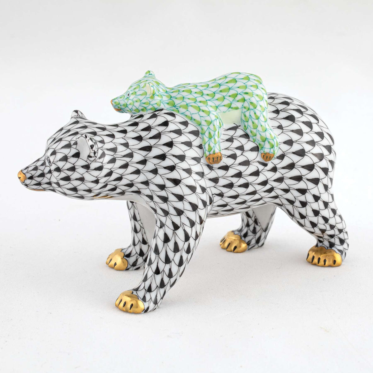 Herend Bear and Baby Figurine – Black-Key Lime, alternate view