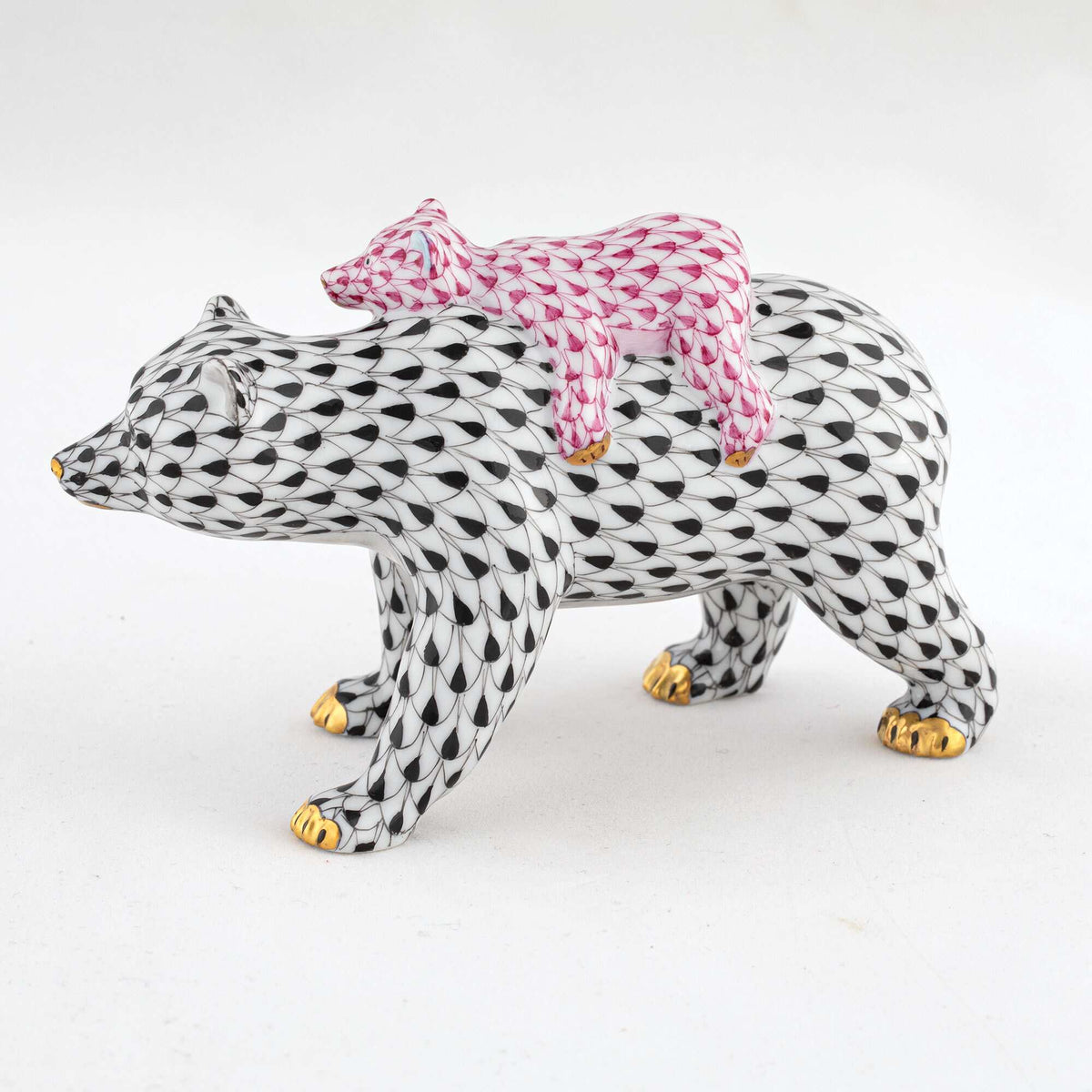 Herend Bear and Baby Figurine – Black-Pink, alternate view