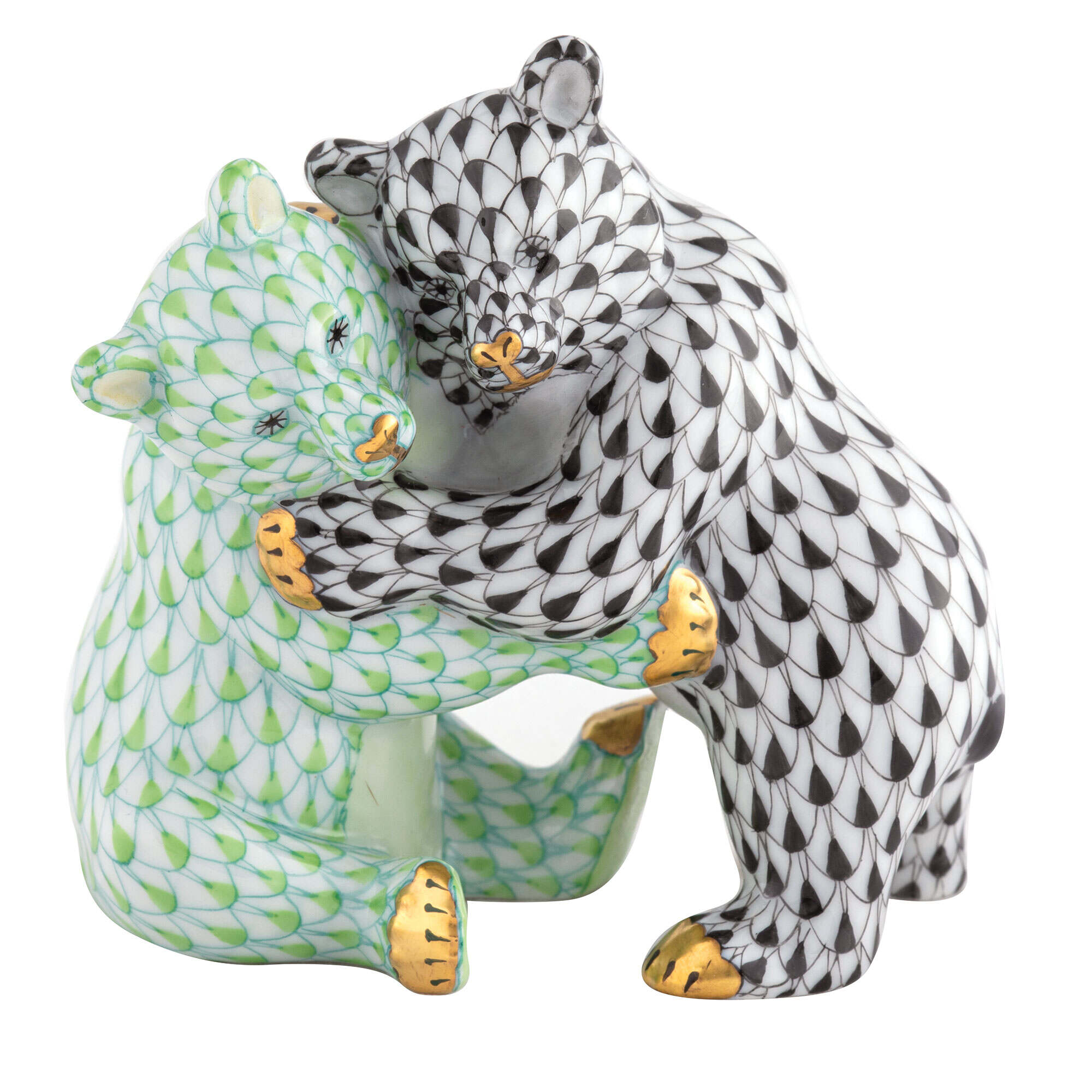 Black-Key Lime fishnet Bear Hug Figurine figurine, hand-painted Herend porcelain with 24k gold accents