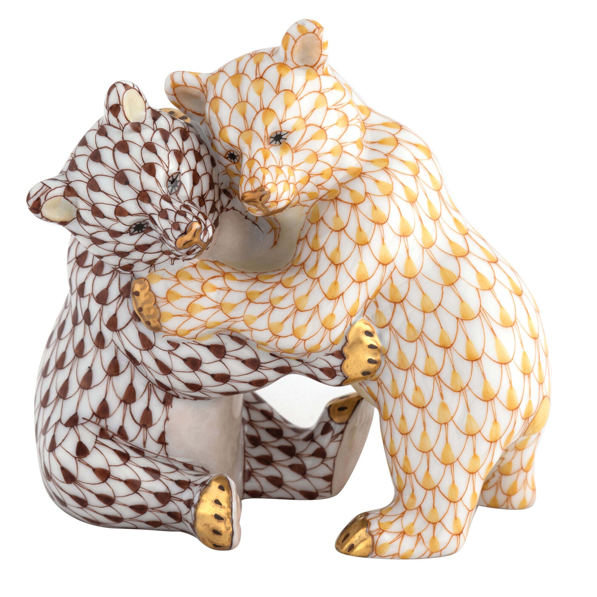 Hand-painted Herend Bear Hug Figurine in Butterscotch-Chocolate fishnet porcelain on a white background
