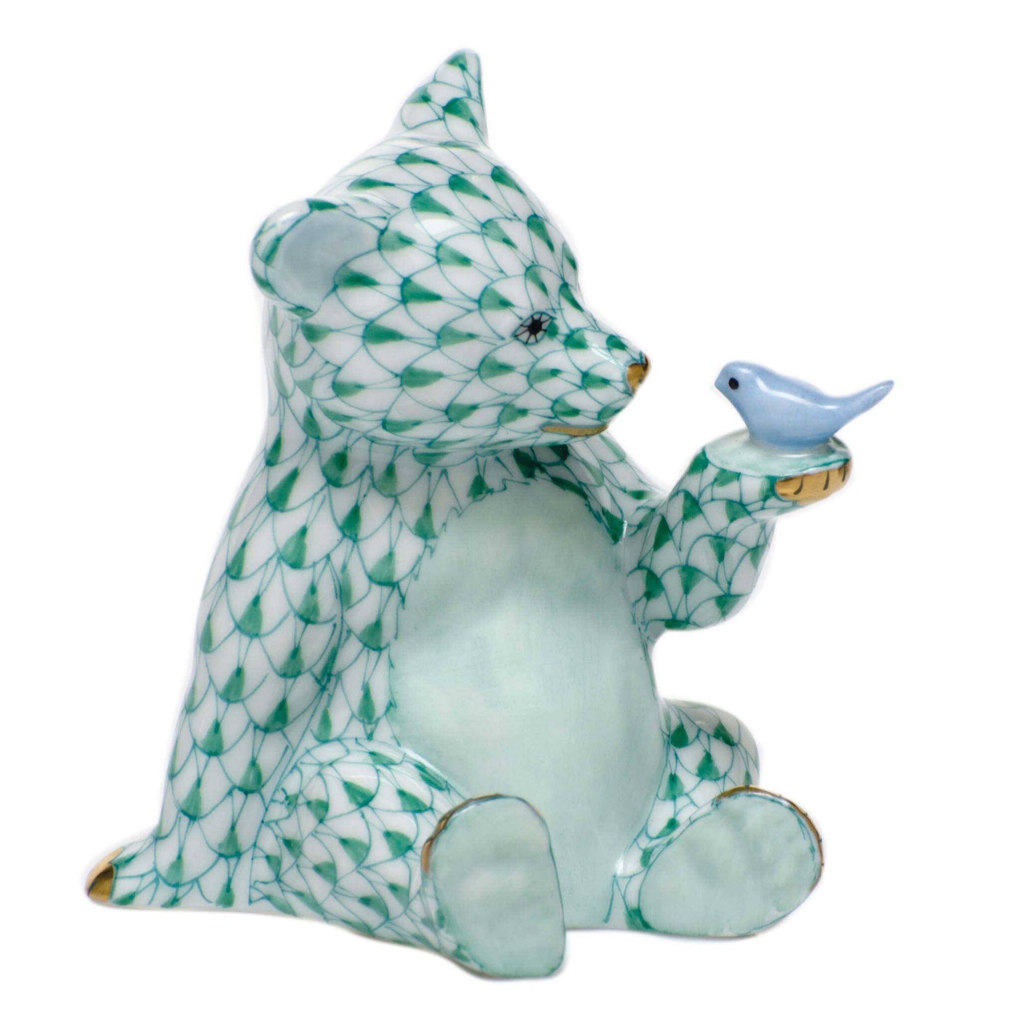Hand-painted Herend Bear with Bird Figurine in Green fishnet porcelain on a white background