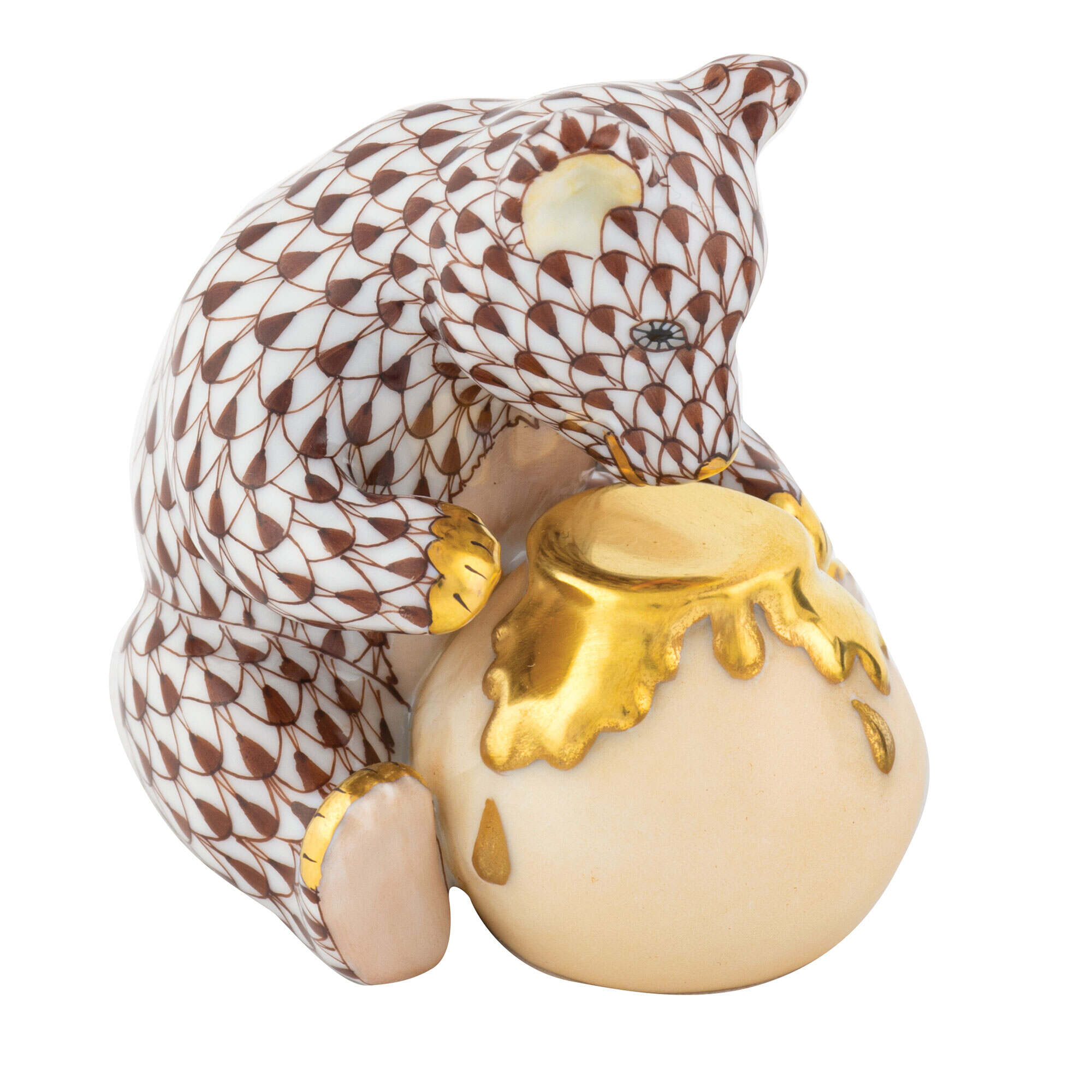 Herend Bear with Honey Pot Figurine porcelain figurine painted in the Chocolate fishnet pattern