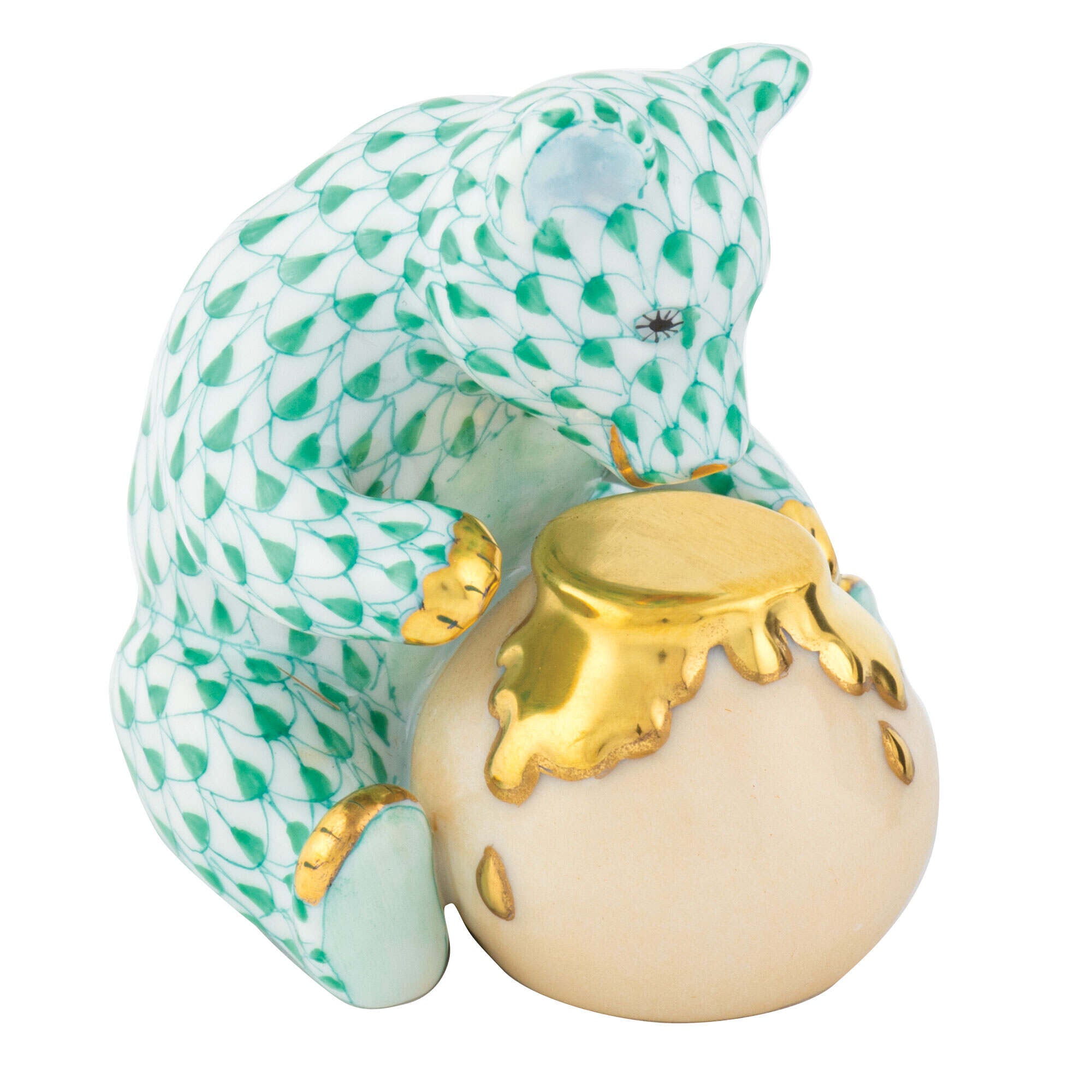 Green fishnet Bear with Honey Pot Figurine figurine, hand-painted Herend porcelain with 24k gold accents