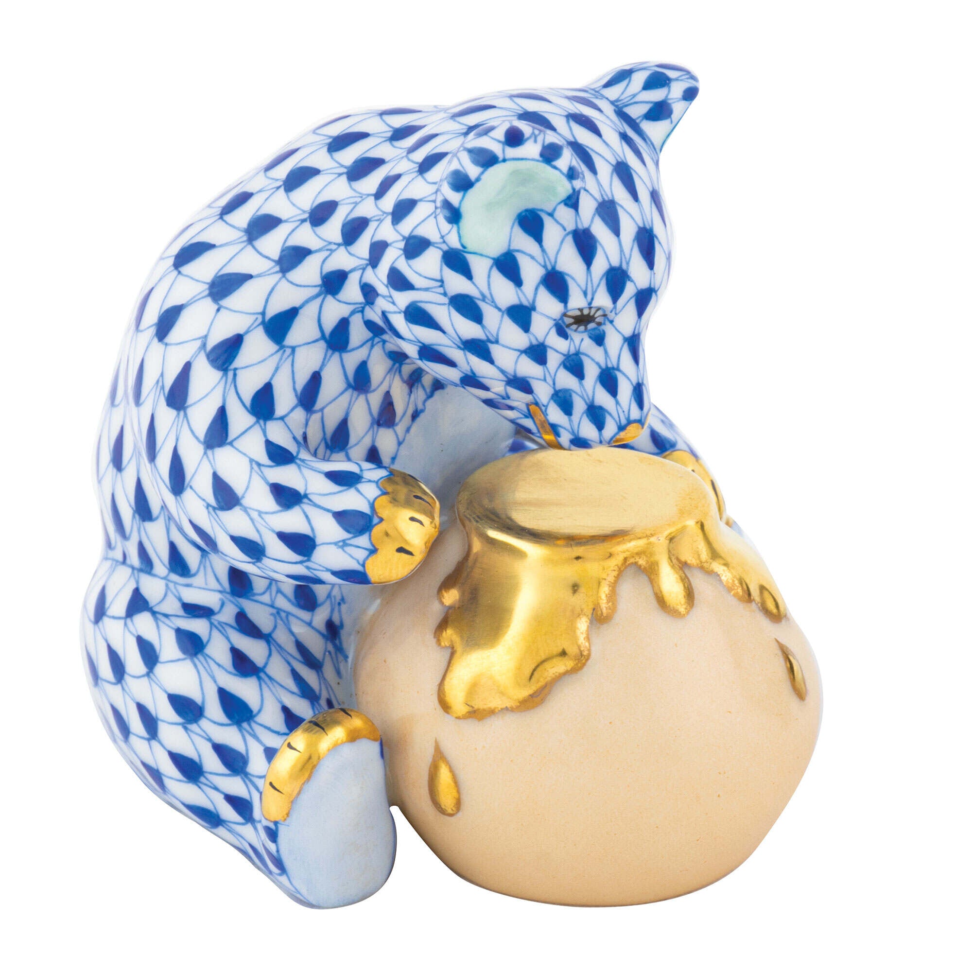 Sapphire fishnet Bear with Honey Pot Figurine figurine, hand-painted Herend porcelain with 24k gold accents