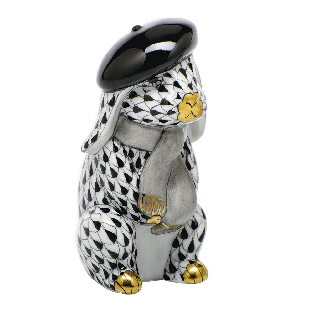 Black fishnet Beret Bunny Figurine figurine, hand-painted Herend porcelain with 24k gold accents