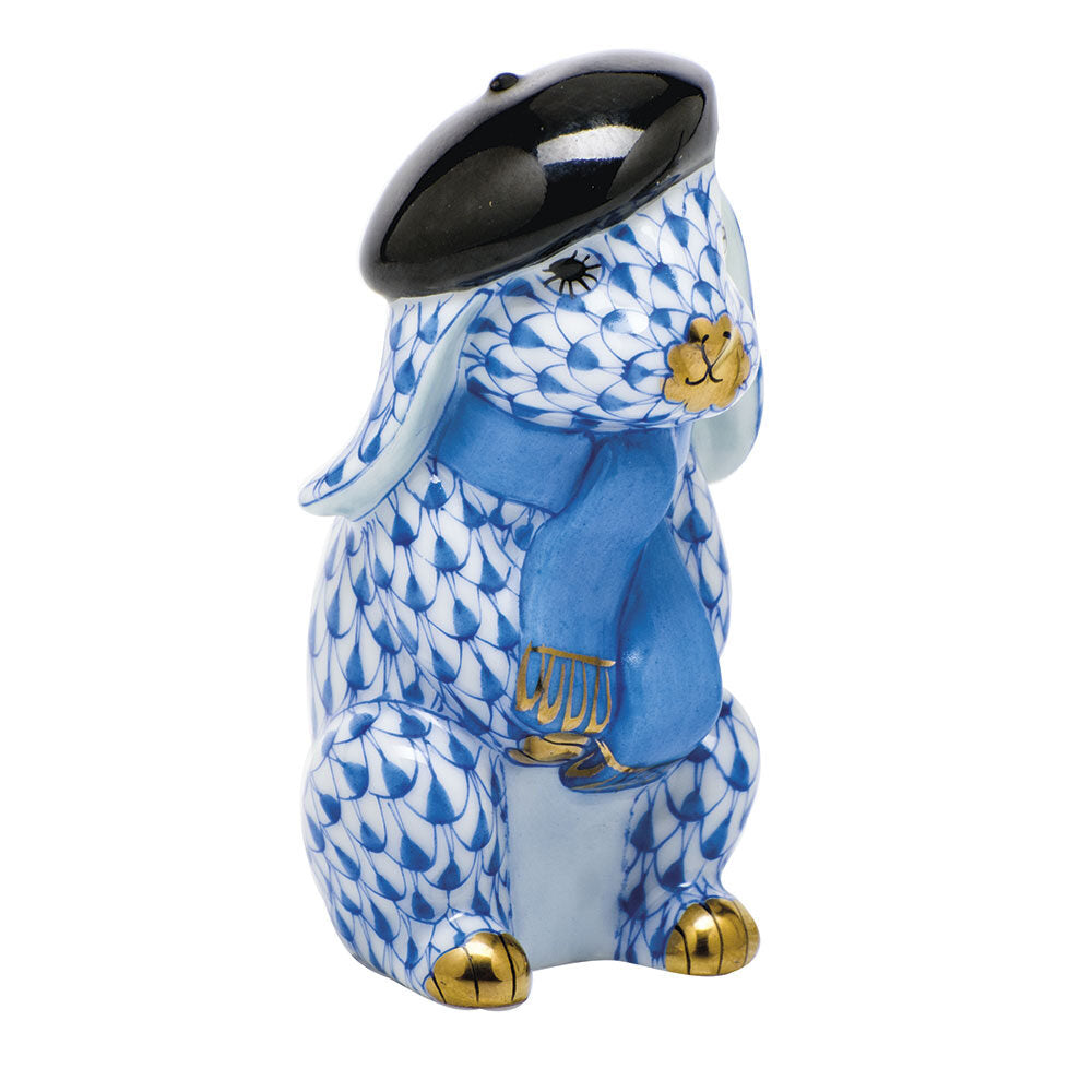 Herend Beret Bunny Figurine porcelain figurine painted in the Blue fishnet pattern