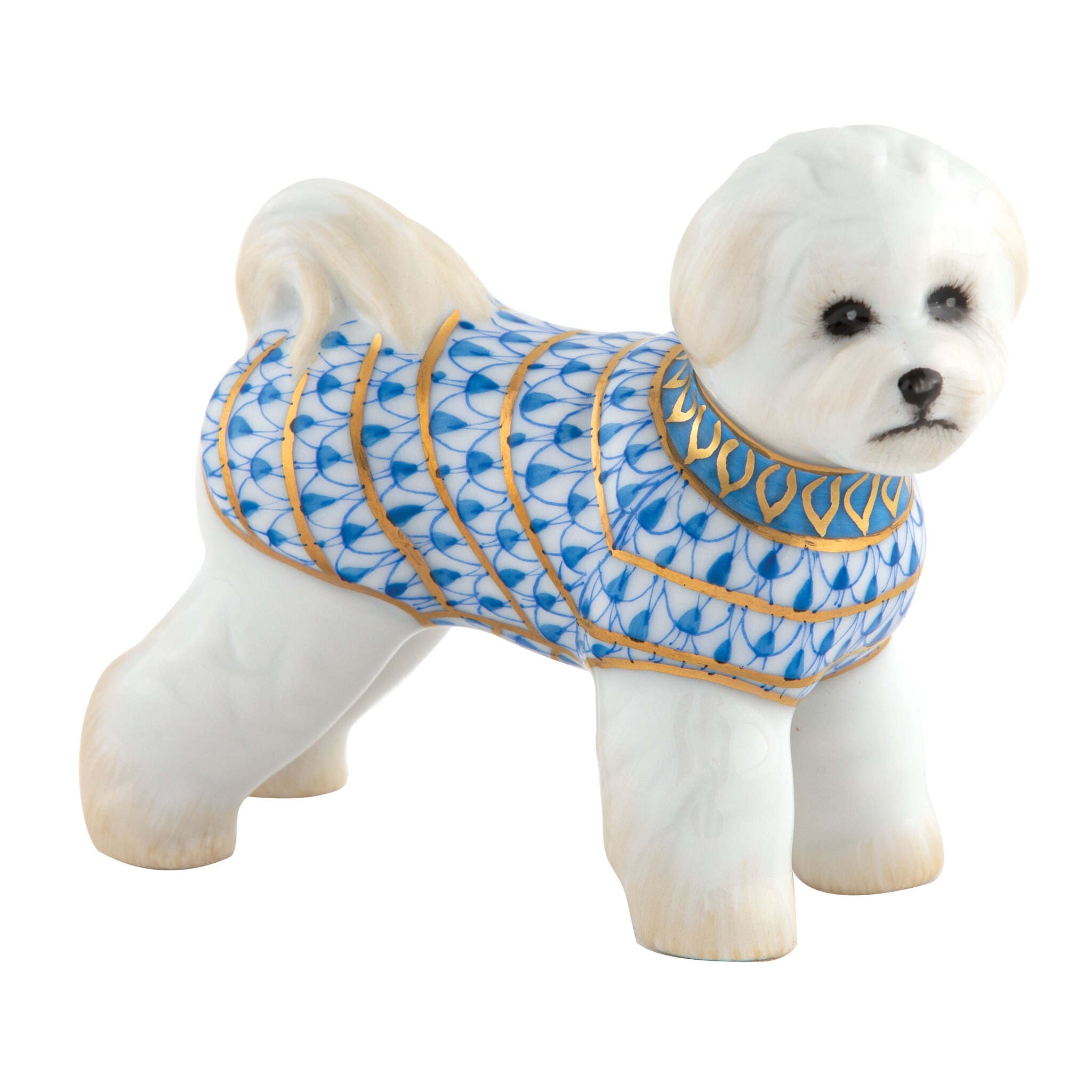 Blue fishnet Bichon Frise Figurine figurine, hand-painted Herend porcelain with 24k gold accents