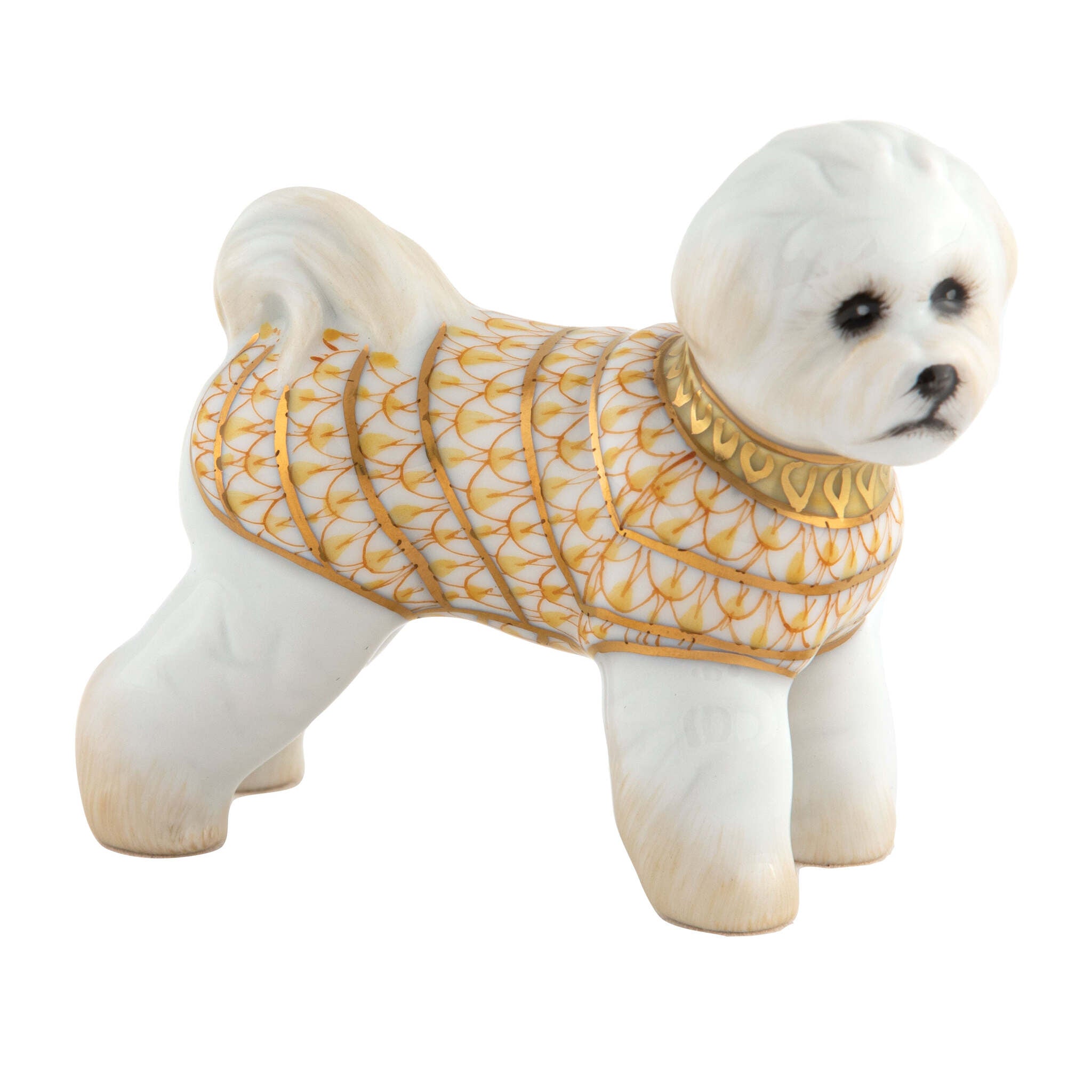 Herend Bichon Frise Figurine porcelain figurine painted in the Butterscotch fishnet pattern