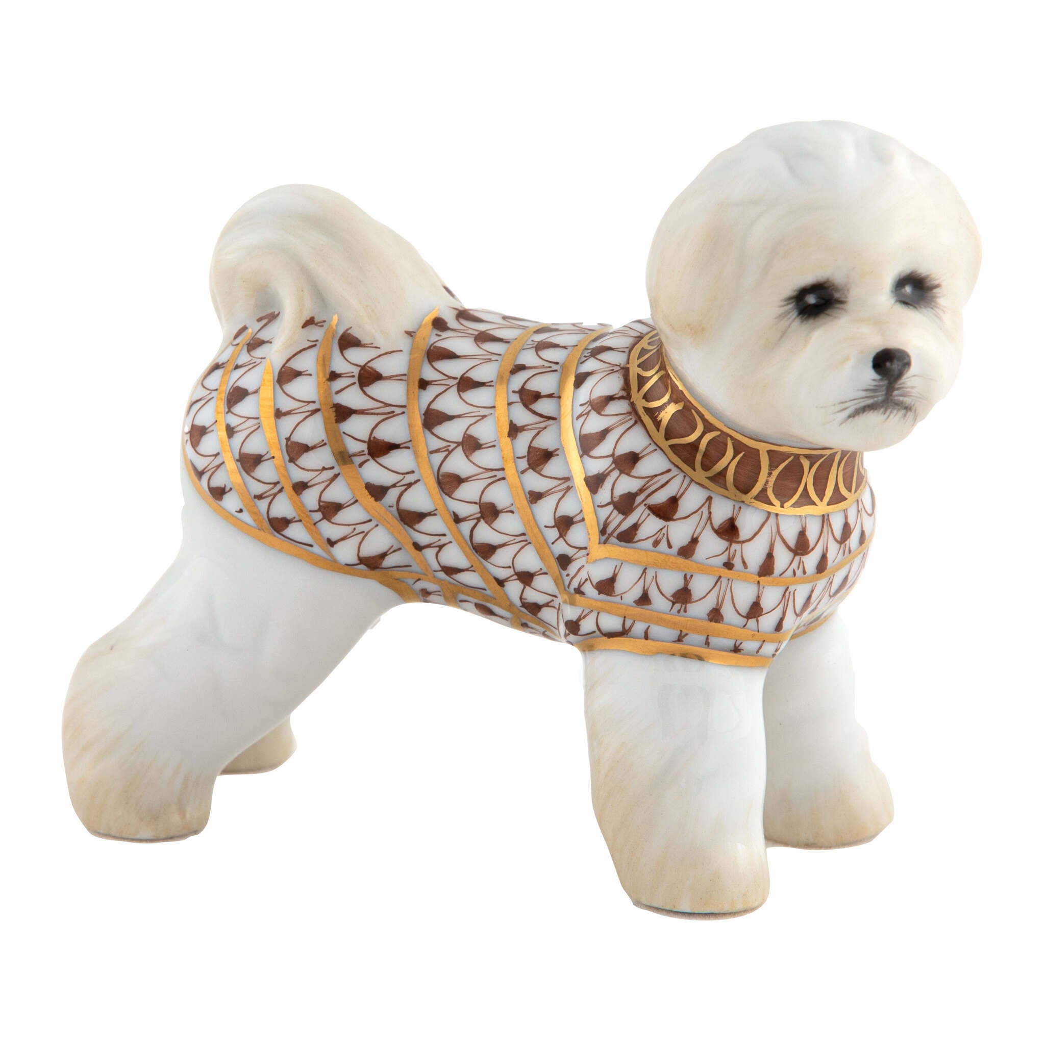 Herend Bichon Frise Figurine porcelain figurine painted in the Chocolate fishnet pattern