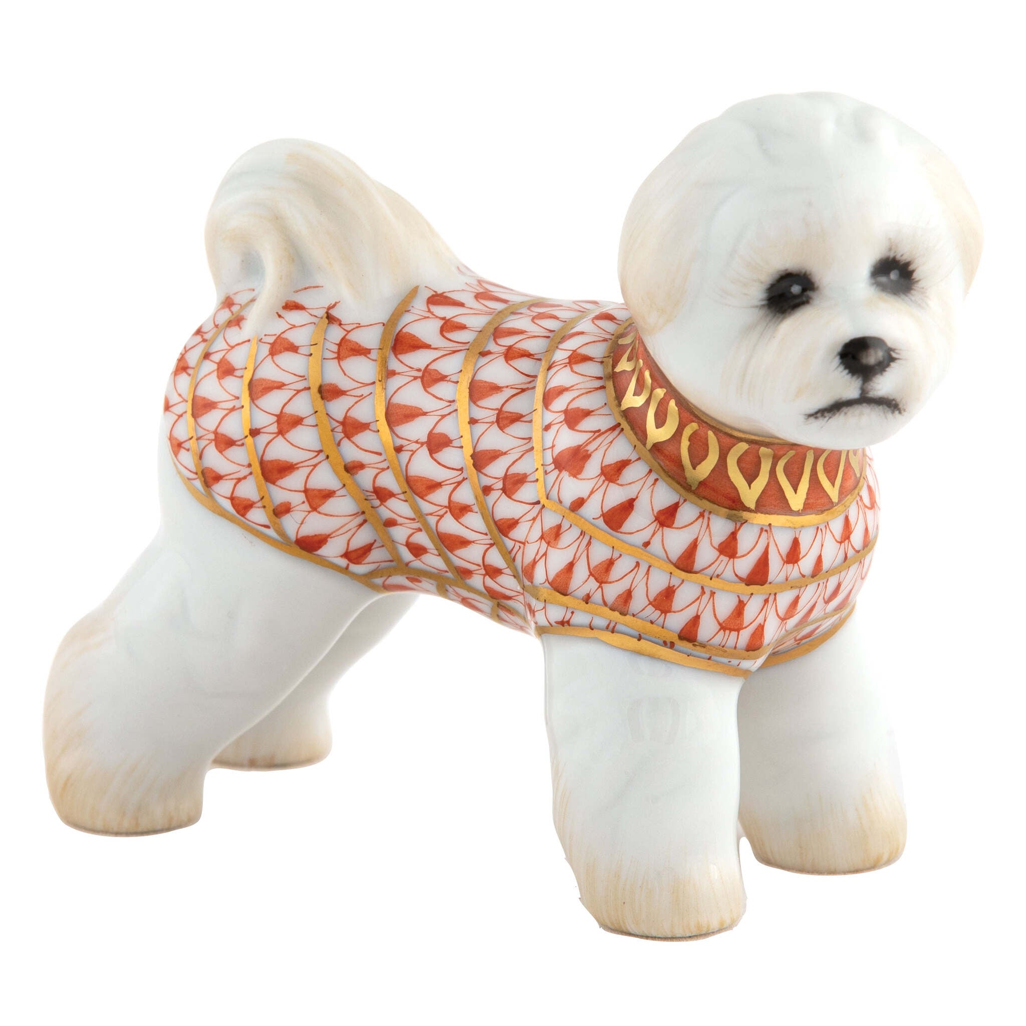 Herend Bichon Frise Figurine porcelain figurine painted in the Rust fishnet pattern