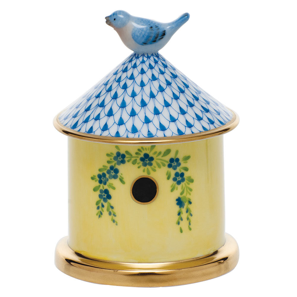 Hand-painted Herend Bird House Box in Blue fishnet porcelain on a white background