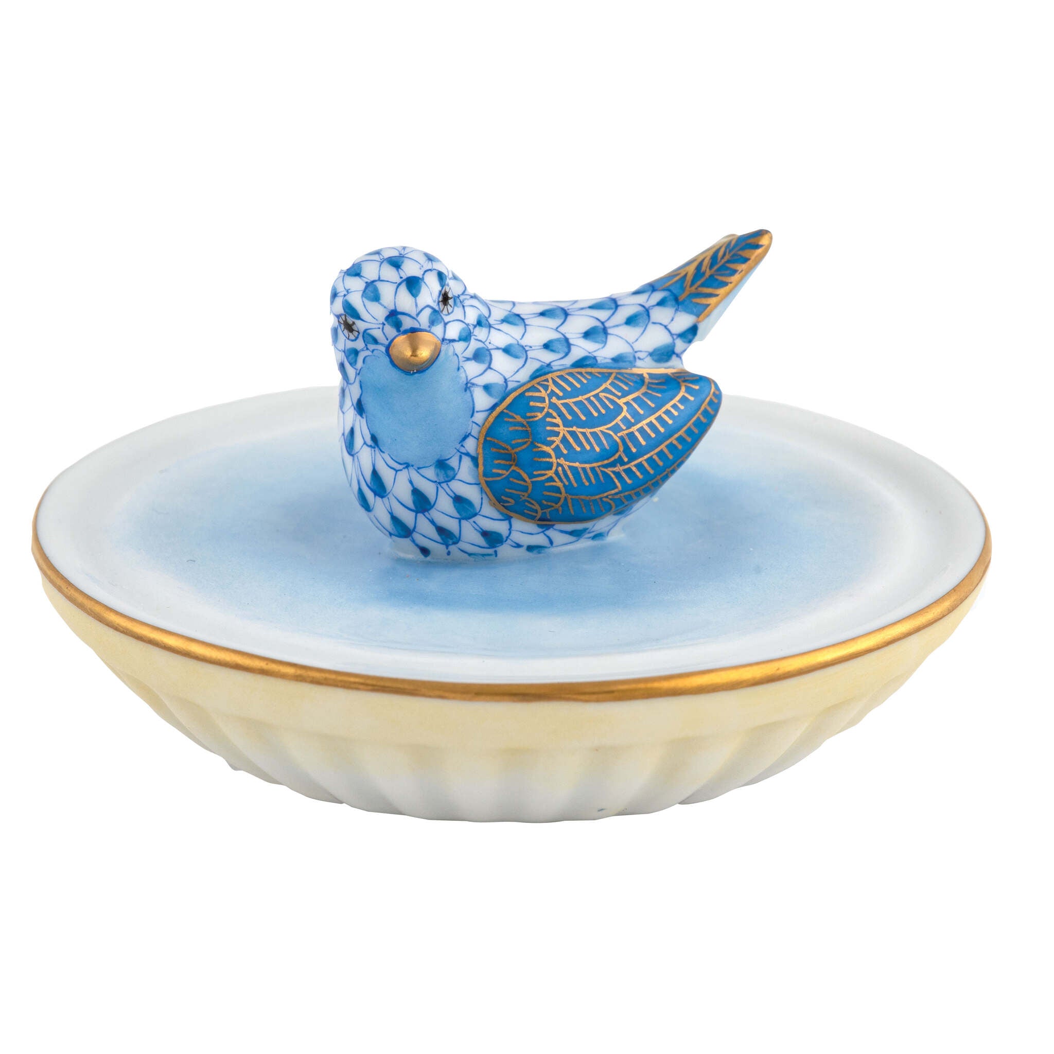 Bird in Bird Bath Figurine in hand-painted Blue porcelain by Herend of Hungary