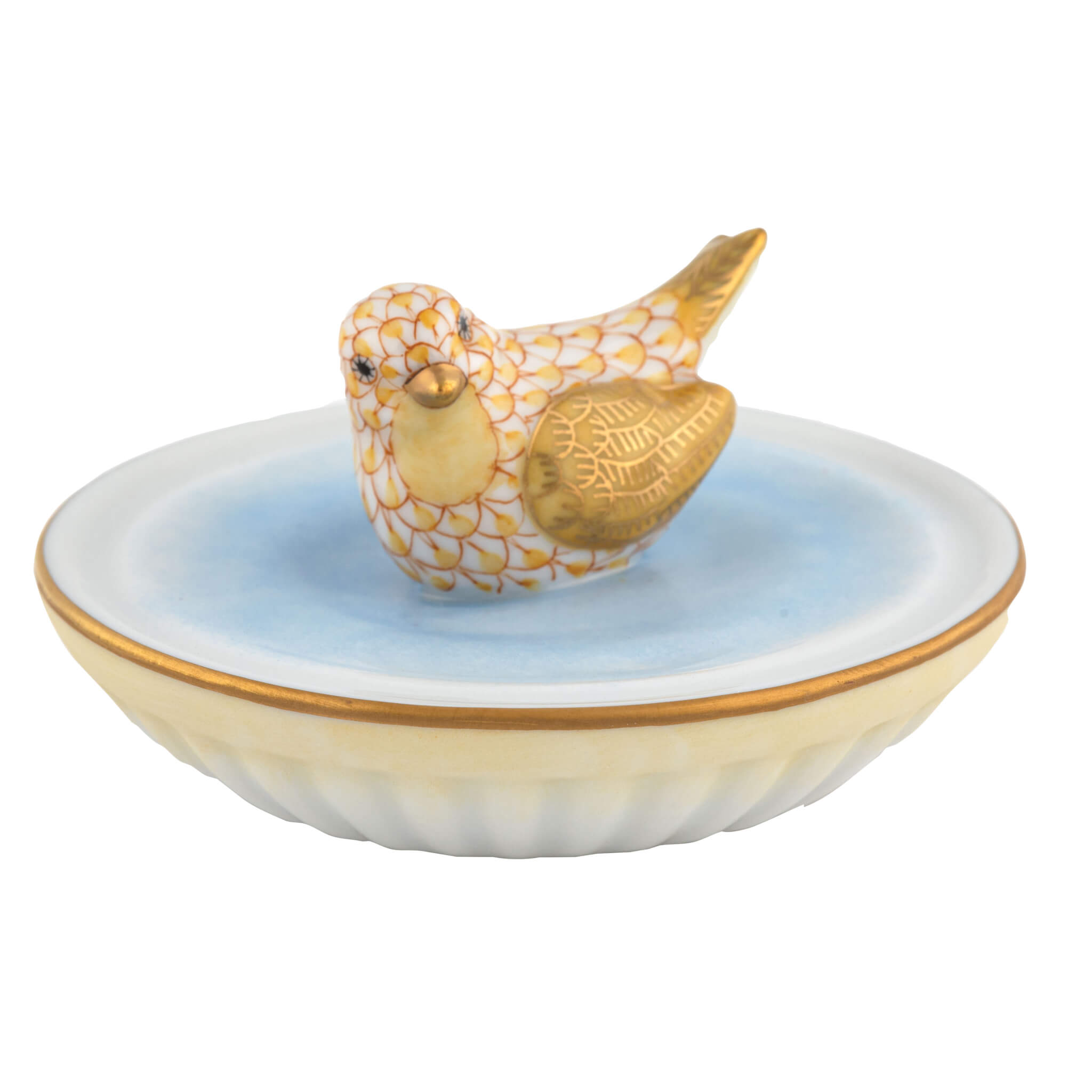 Herend Bird In Bird Bath in Butterscotch