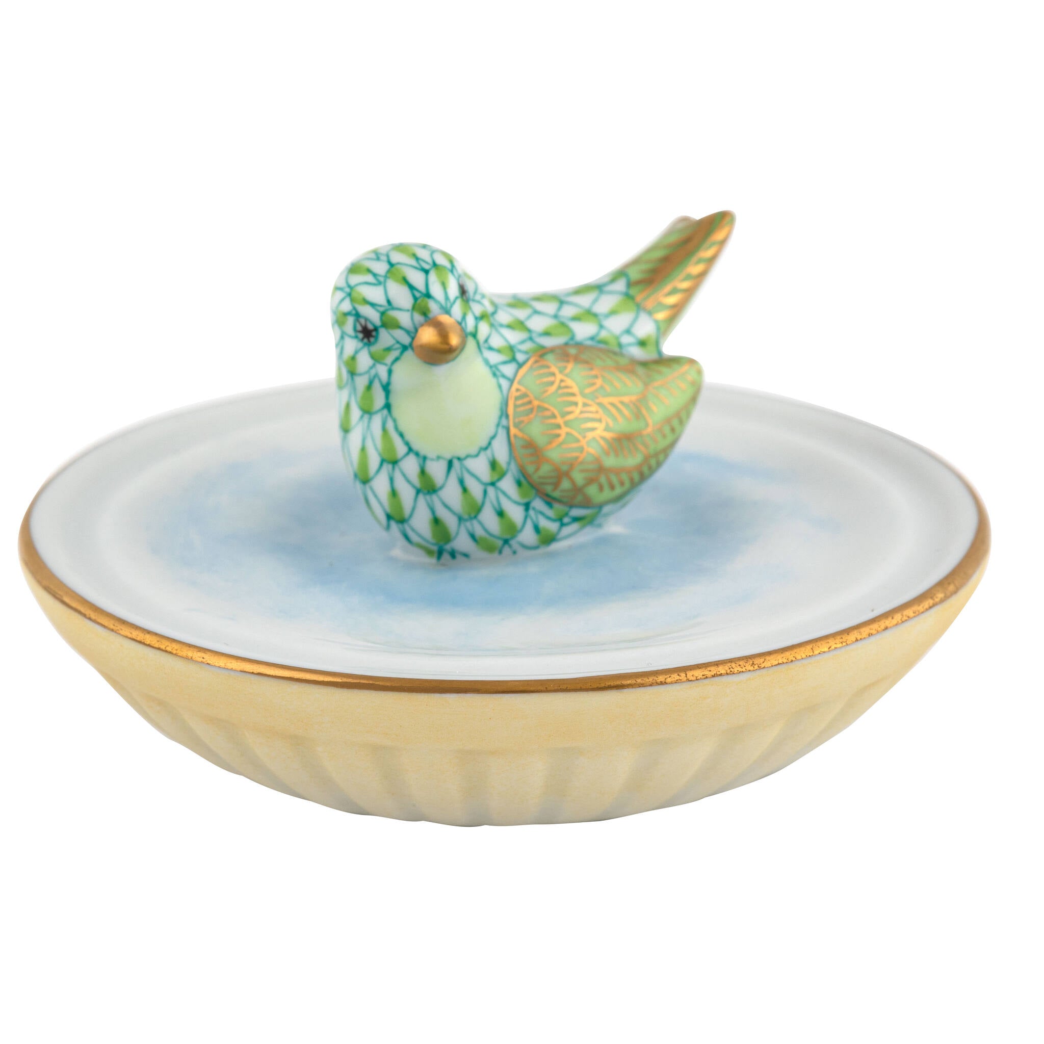 Herend Bird in Bird Bath Figurine porcelain figurine painted in the Key Lime fishnet pattern