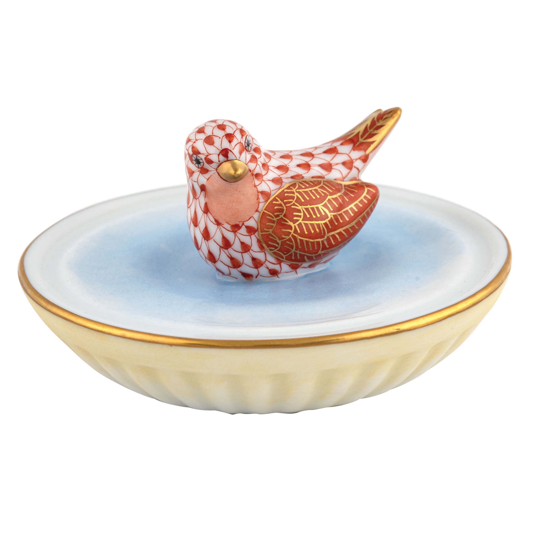Bird in Bird Bath Figurine in hand-painted Rust porcelain by Herend of Hungary