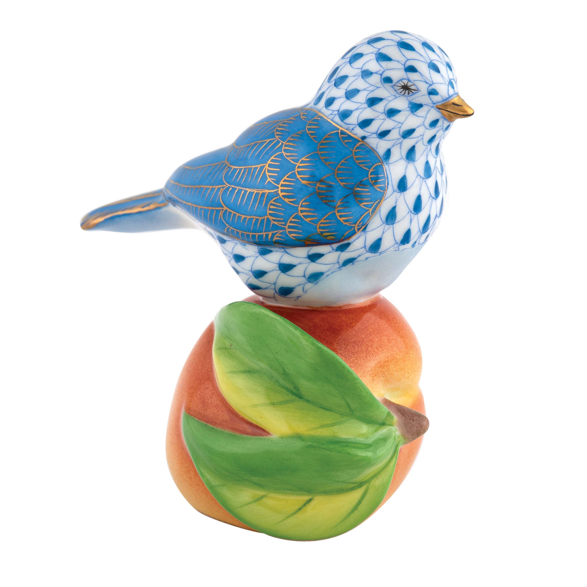 Blue fishnet Bird on Peach Figurine figurine, hand-painted Herend porcelain with 24k gold accents