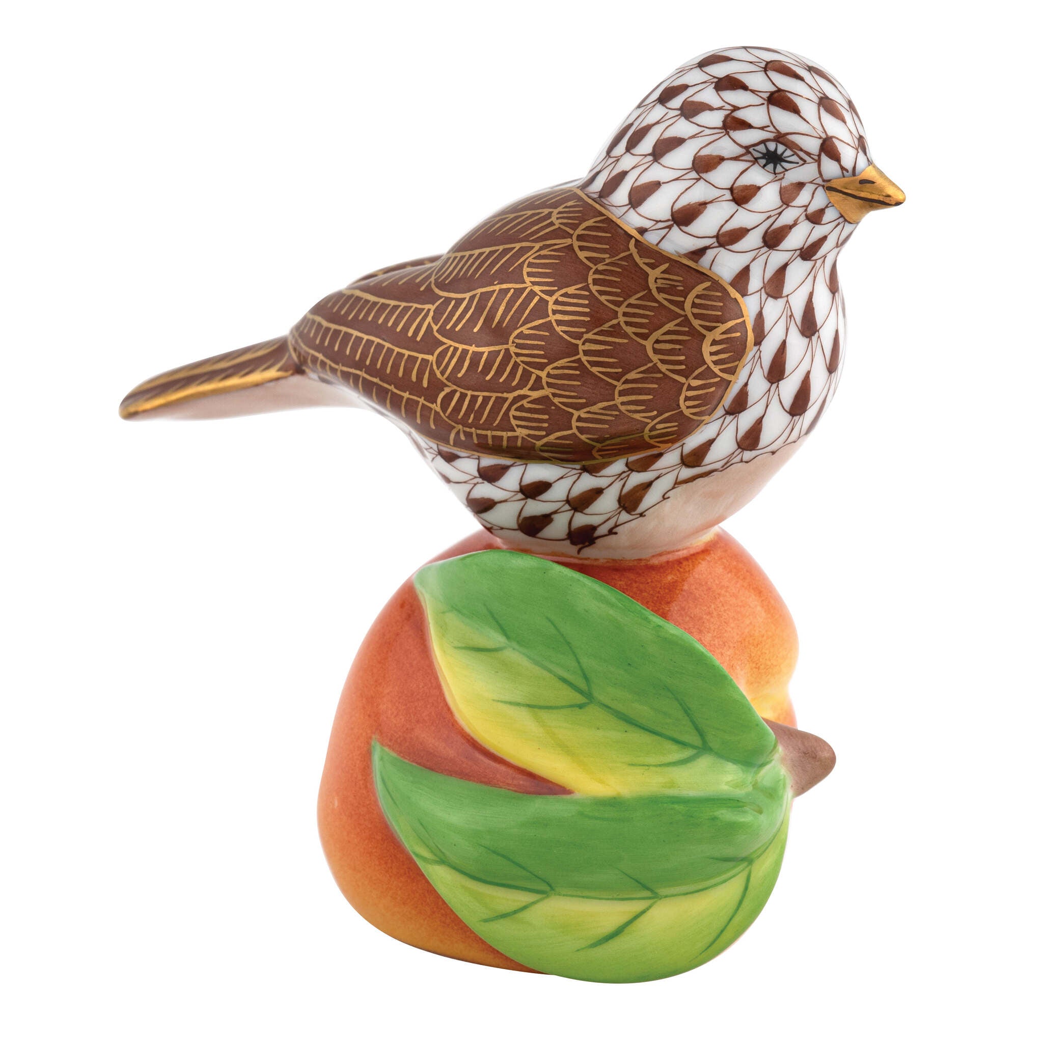Chocolate fishnet Bird on Peach Figurine figurine, hand-painted Herend porcelain with 24k gold accents