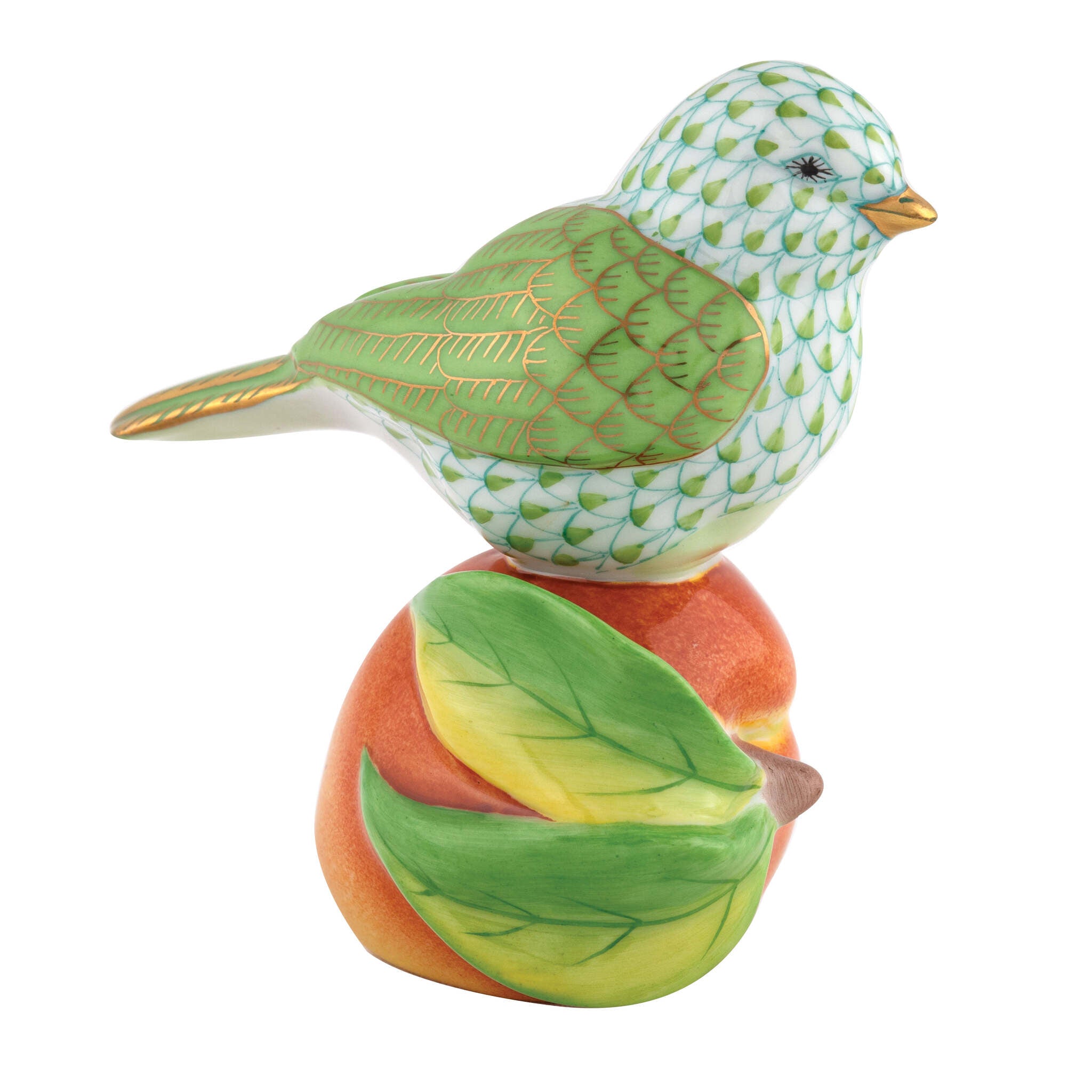 Bird on Peach Figurine in hand-painted Key Lime porcelain by Herend of Hungary