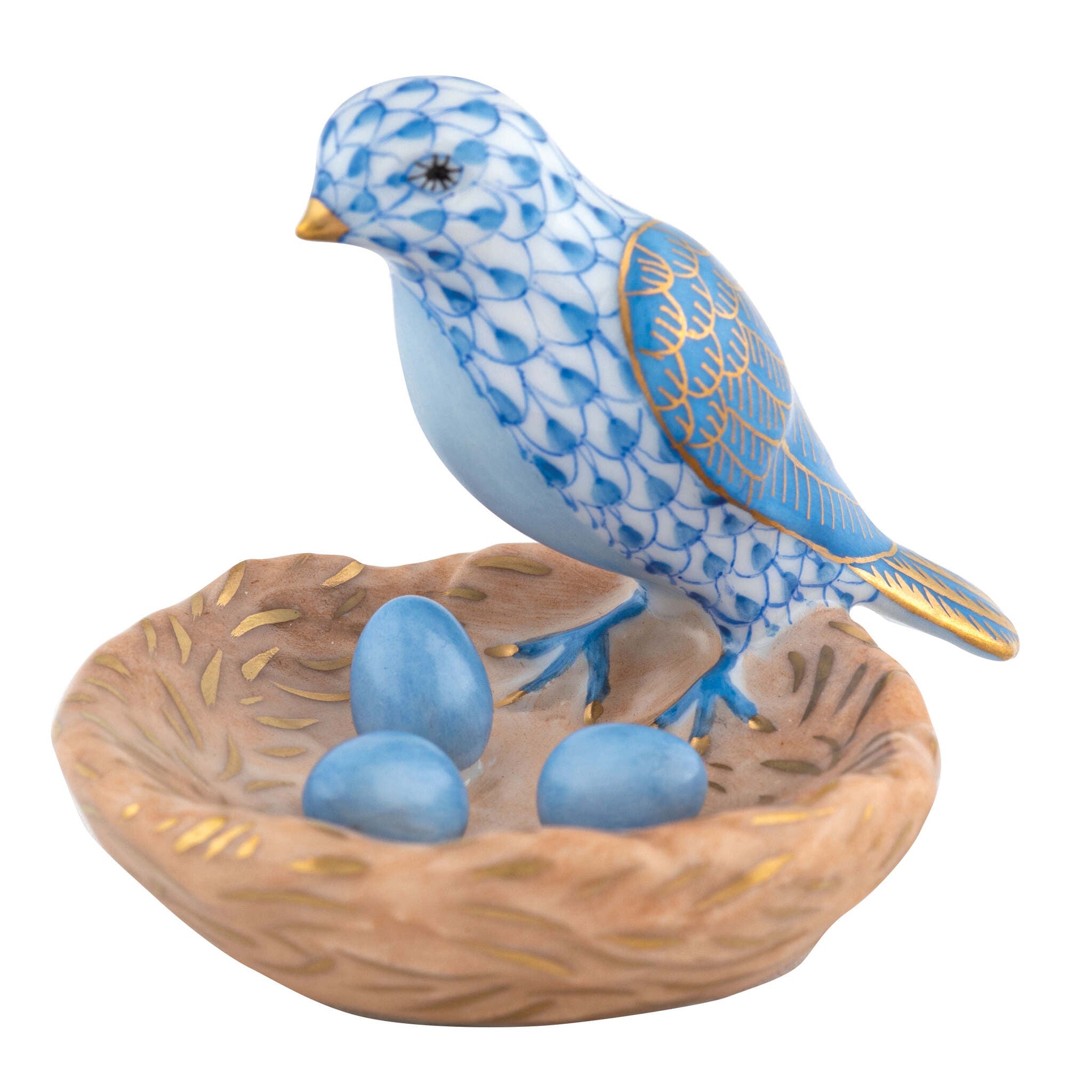Hand-painted Herend Bird with Nest Figurine in Blue fishnet porcelain on a white background