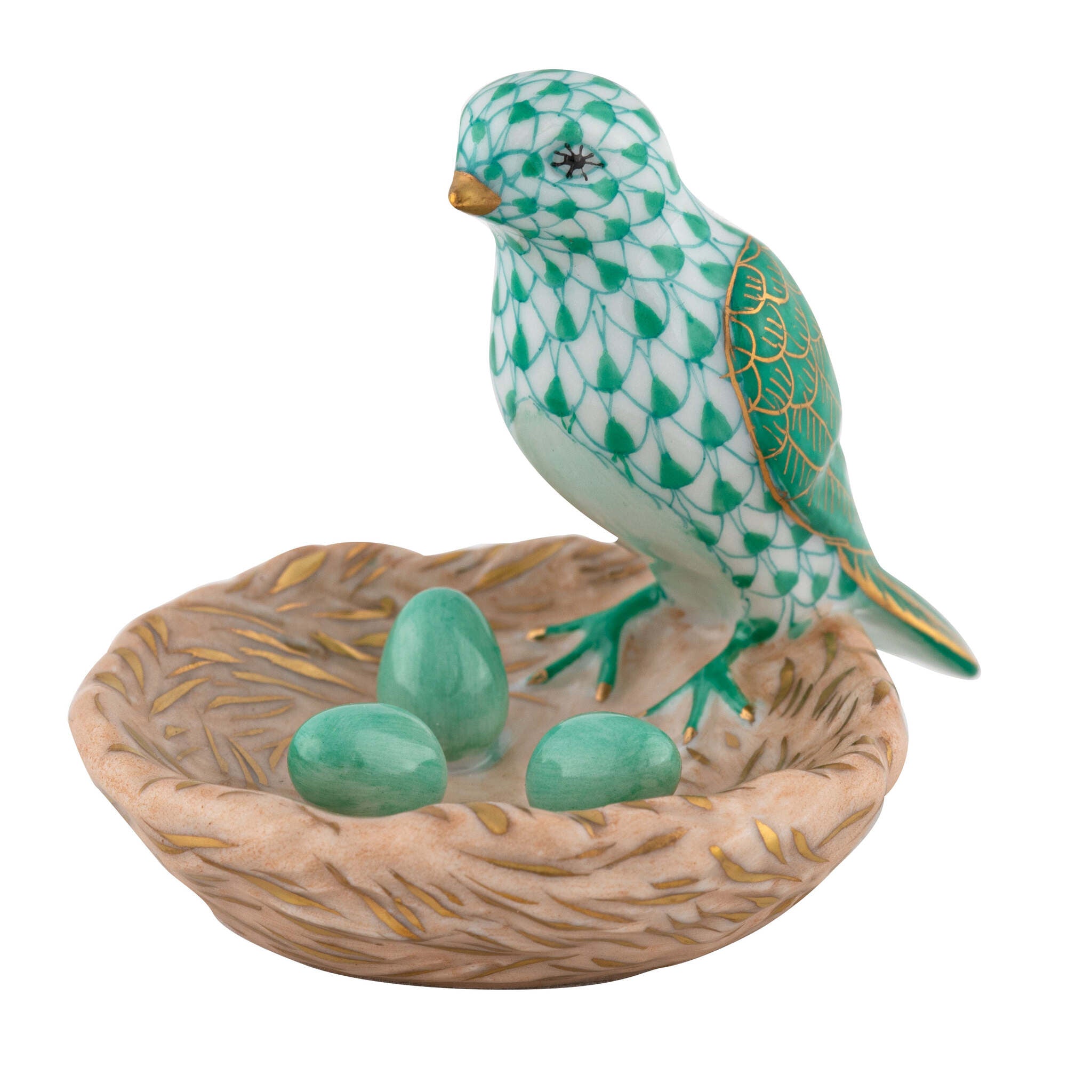 Herend Bird with Nest Figurine porcelain figurine painted in the Green fishnet pattern