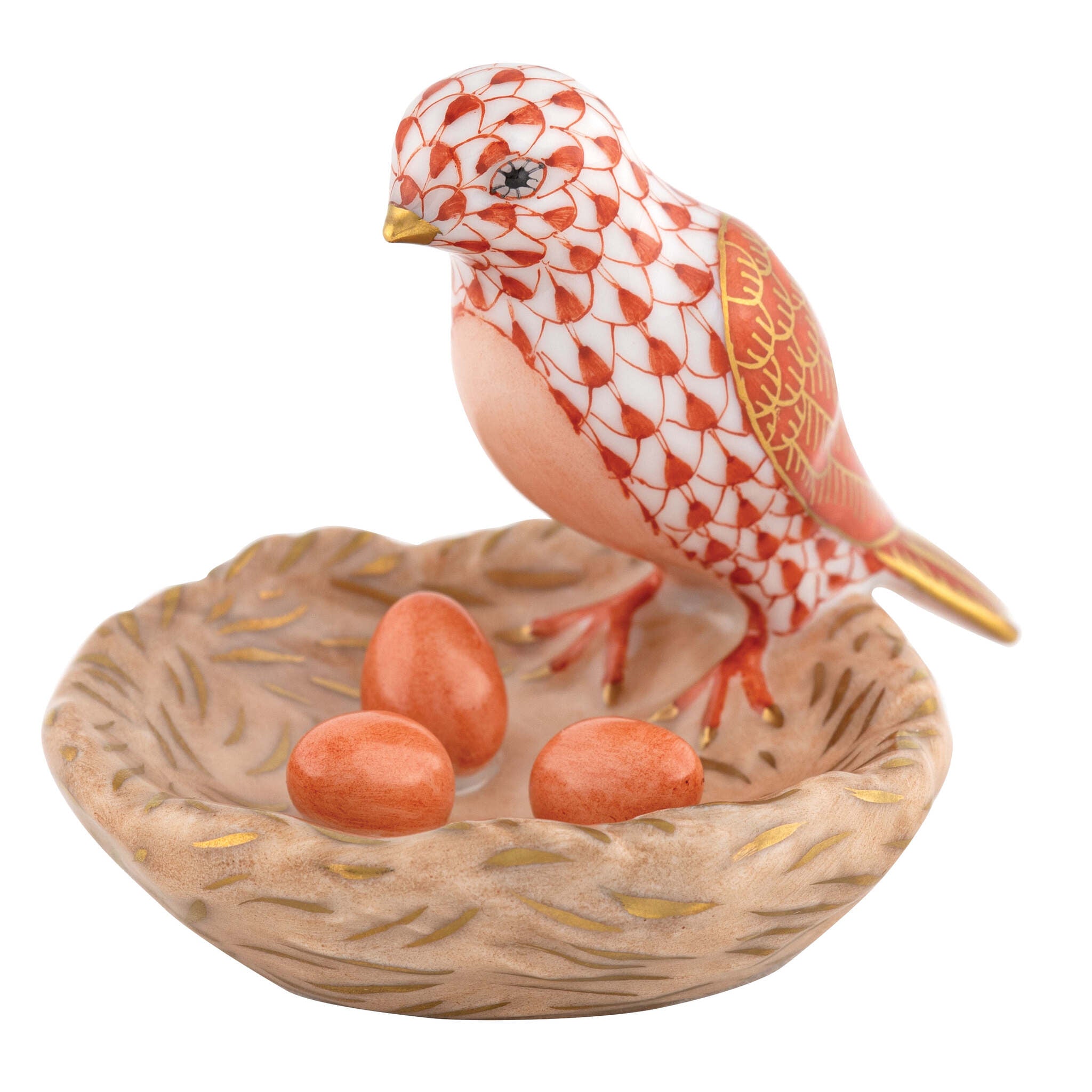 Bird with Nest Figurine in hand-painted Rust porcelain by Herend of Hungary