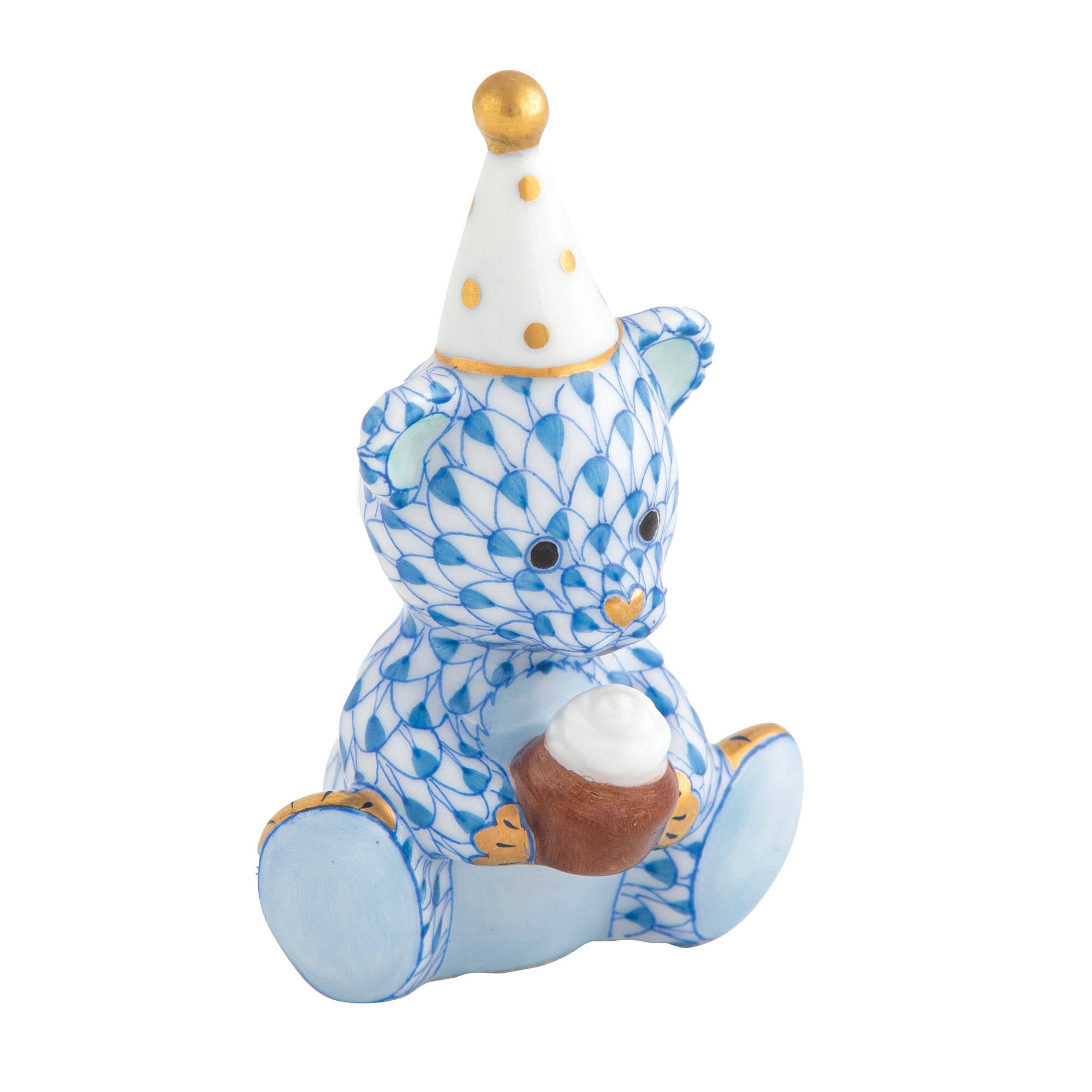 Blue fishnet Birthday Bear Figurine figurine, hand-painted Herend porcelain with 24k gold accents