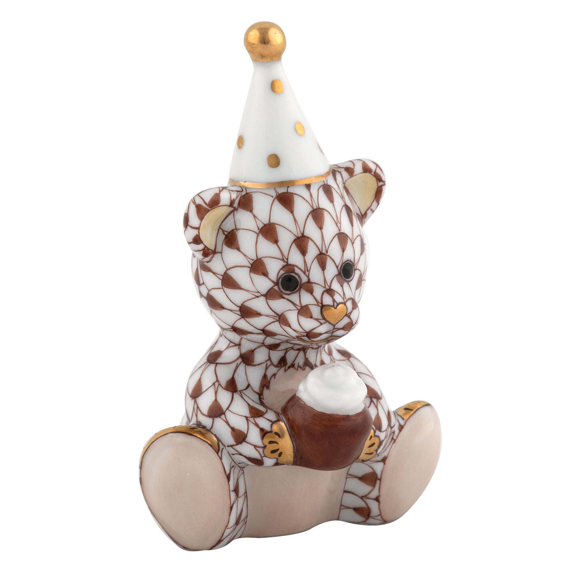 Birthday Bear Figurine in hand-painted Chocolate porcelain by Herend of Hungary