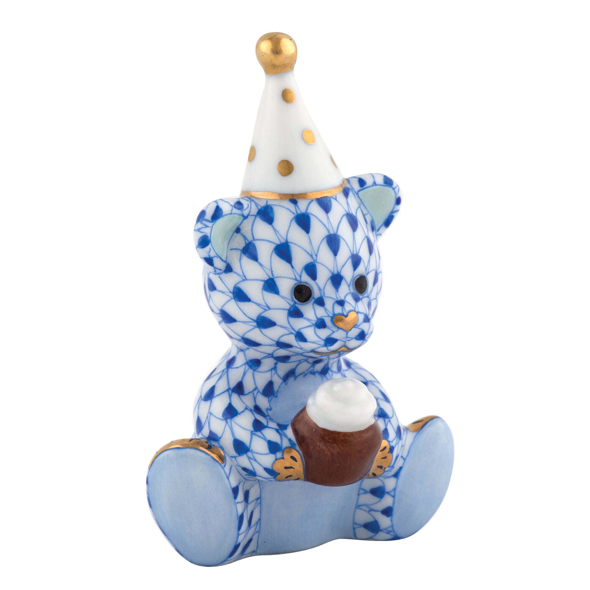 Sapphire fishnet Birthday Bear Figurine figurine, hand-painted Herend porcelain with 24k gold accents