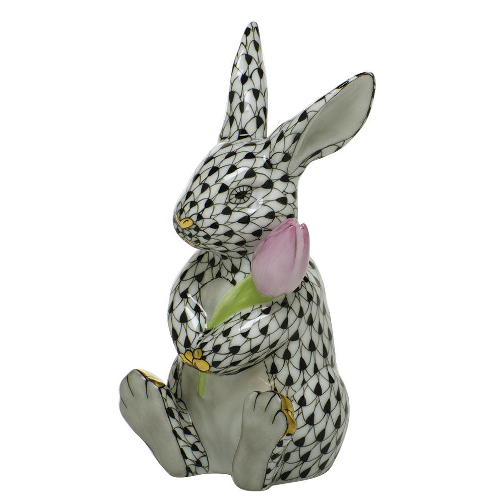 Blossom Bunny Figurine in hand-painted Black porcelain by Herend of Hungary