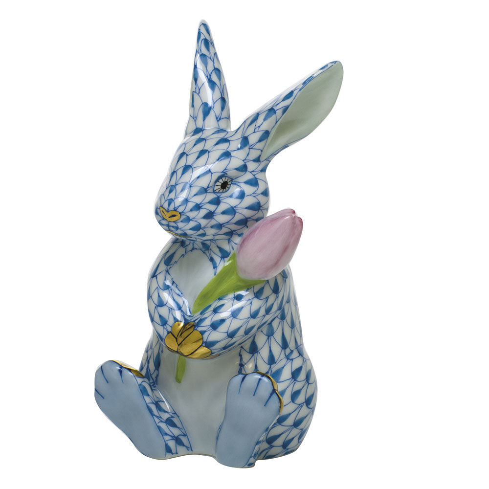 Blue fishnet Blossom Bunny Figurine figurine, hand-painted Herend porcelain with 24k gold accents
