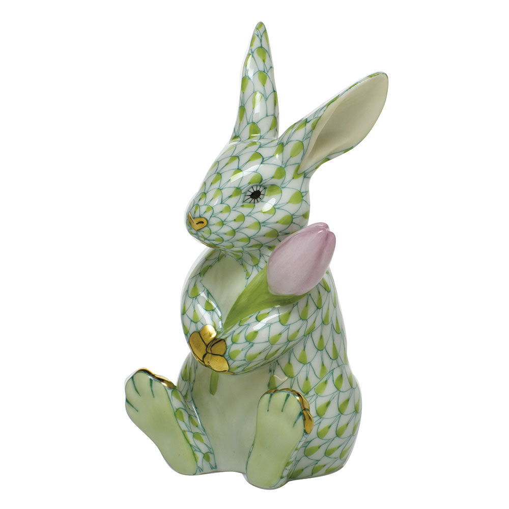 Herend Blossom Bunny Figurine porcelain figurine painted in the Key Lime fishnet pattern