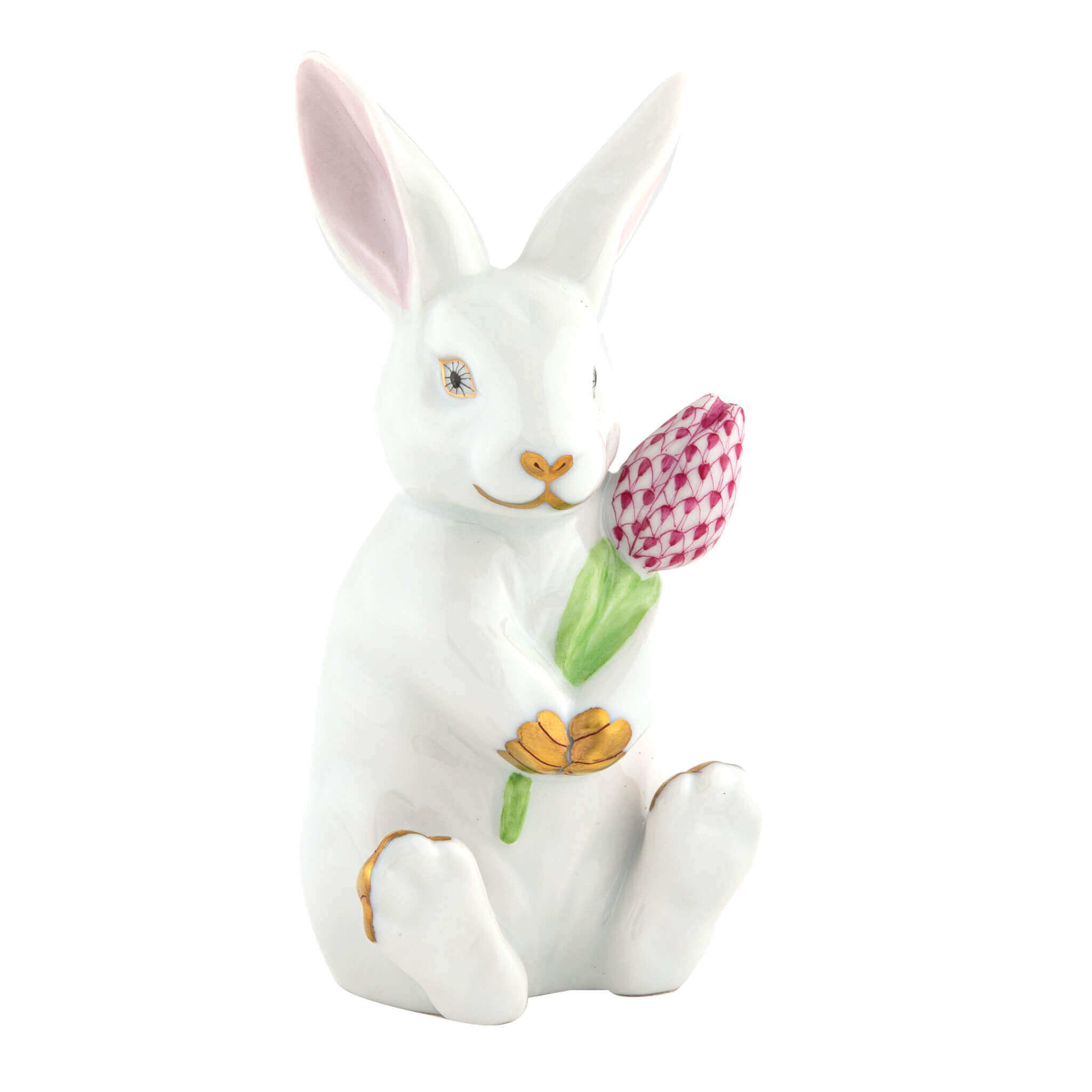 Herend Blossom Bunny in White-Raspberry - Hand-painted Hungarian porcelain figurine