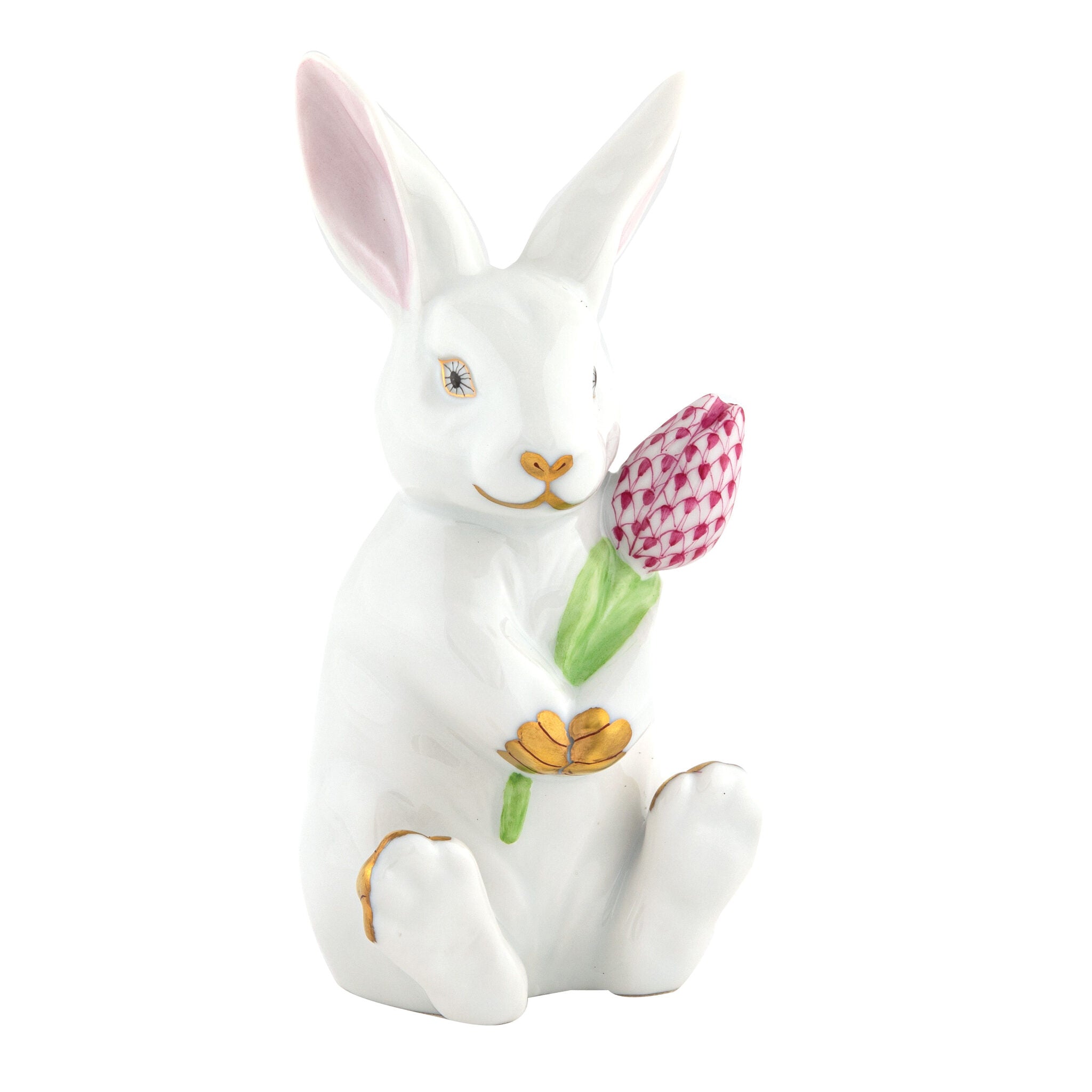 Hand-painted Herend Blossom Bunny Figurine in White-Raspberry fishnet porcelain on a white background