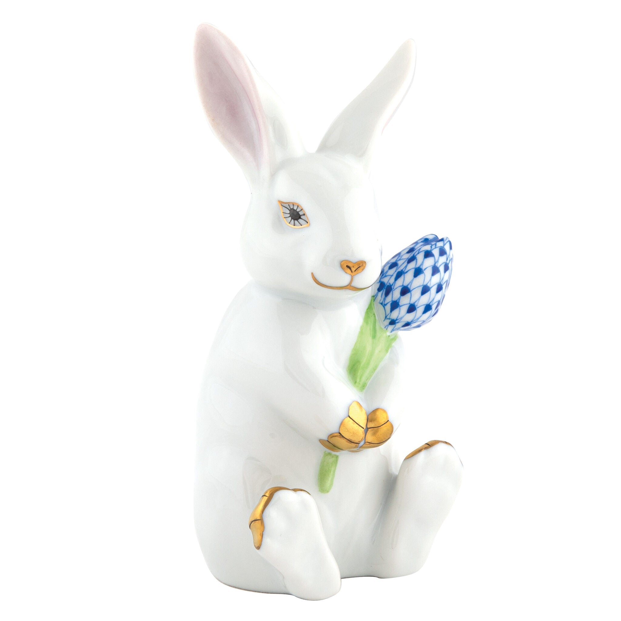 White-Sapphire fishnet Blossom Bunny Figurine figurine, hand-painted Herend porcelain with 24k gold accents