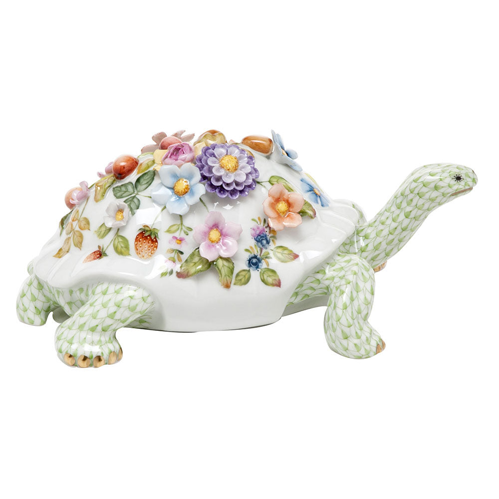 Hand-painted Herend Blossoming Tortoise Figurine in fine porcelain, 8.75in L X 4in H, on a white background