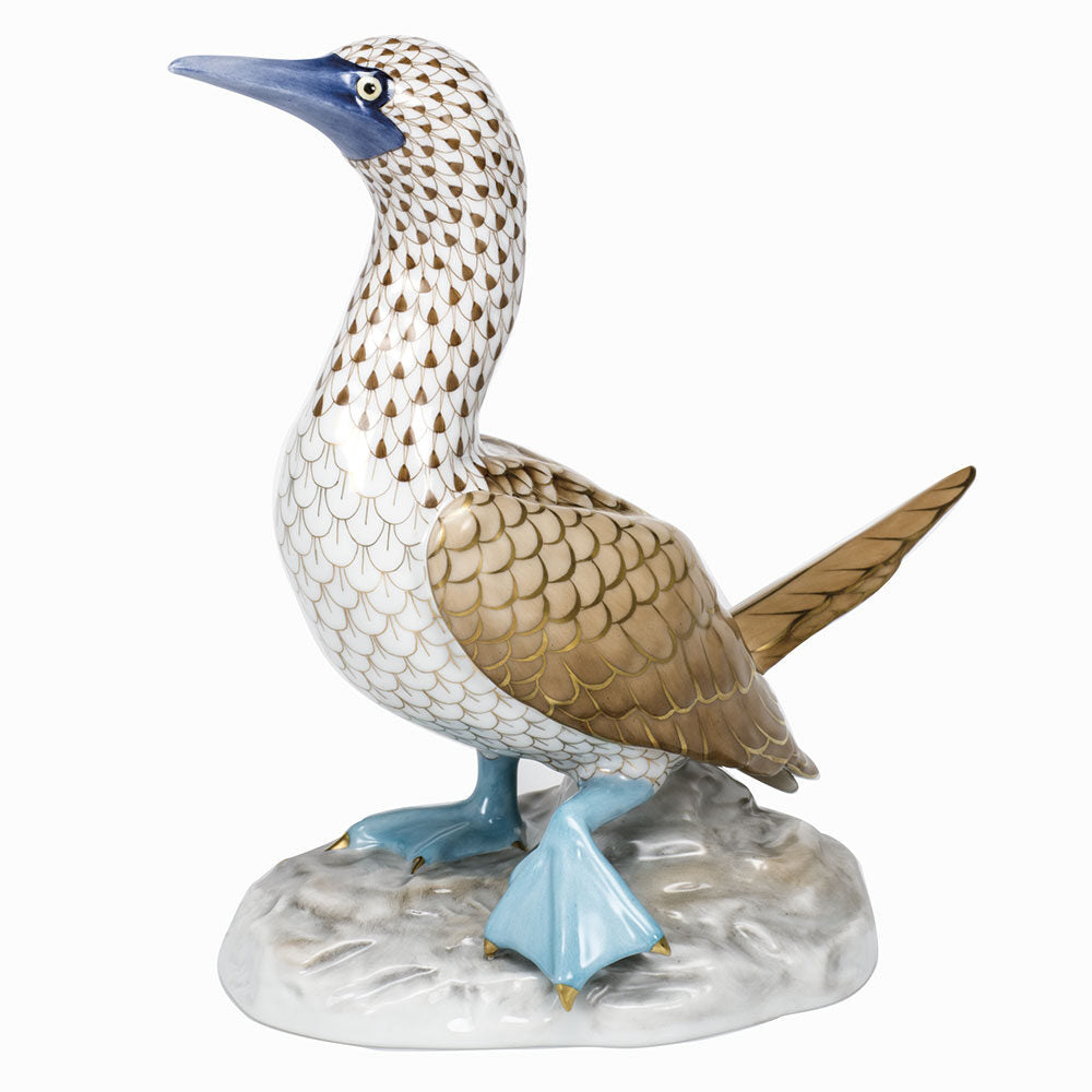 Hand-painted Herend Blue-Footed Booby Figurine in fine porcelain, 7.5in L X 7.75in H, on a white background