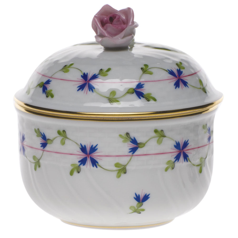 Hand-painted Herend Blue Garland Covered Sugar with Rose Sugar Bowl in fine porcelain, (6 OZ) 4in H, on a white background