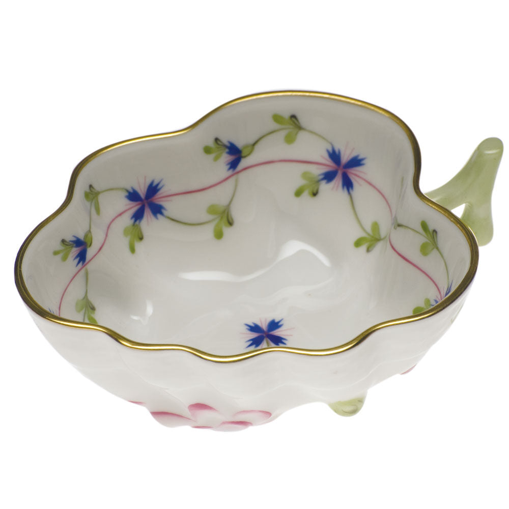 Hand-painted Herend Blue Garland Deep Leaf Dish in fine porcelain, 4in L X 3in W, on a white background
