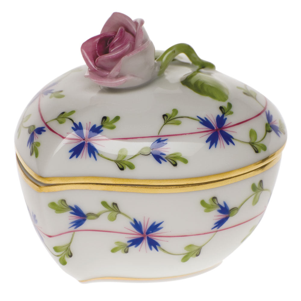 Hand-painted Herend Blue Garland Heart Bonbon with Rose Candy Dish in fine porcelain, 3in L X 2in H, on a white background