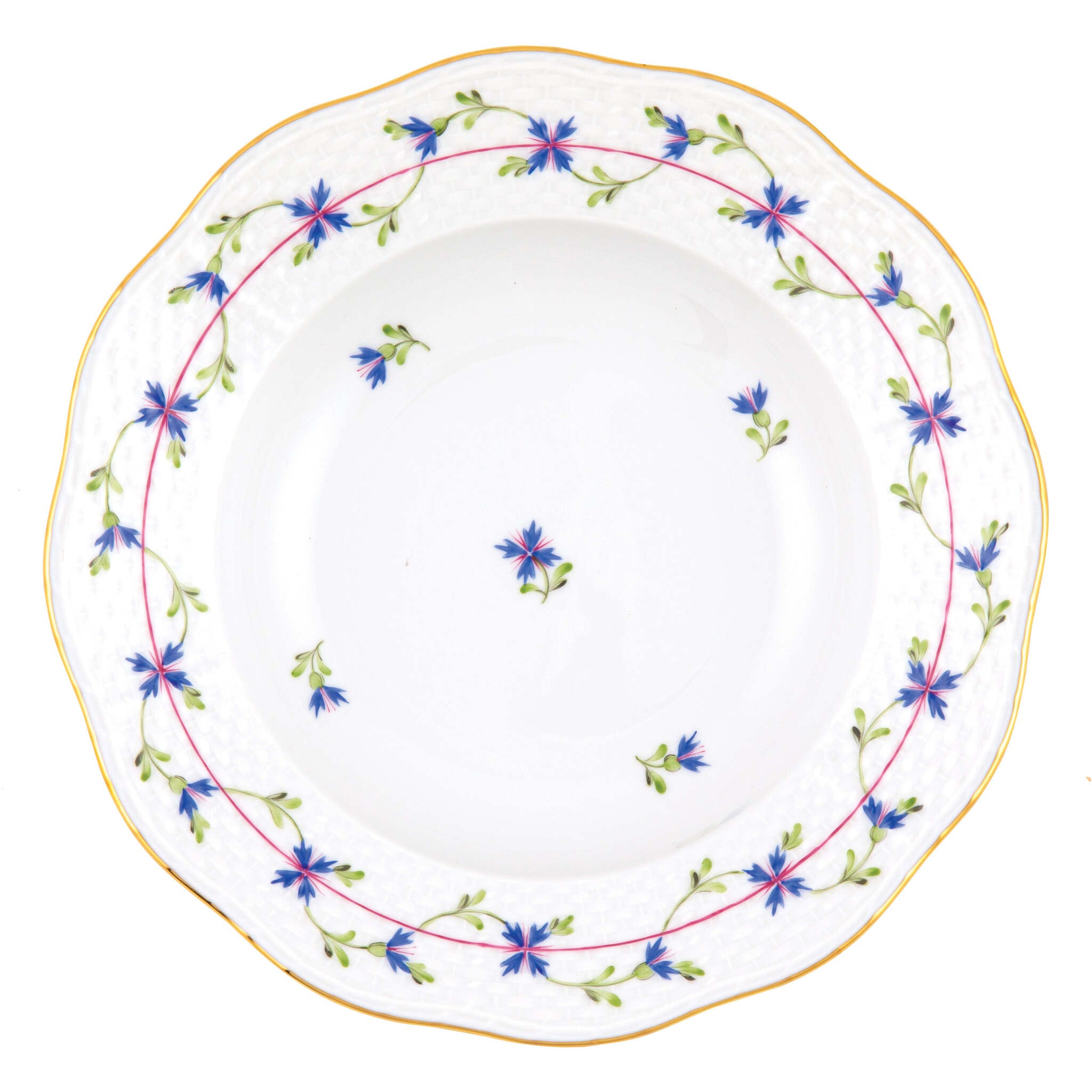 Hand-painted Herend Blue Garland Rim Soup Plate Soup Plates & Rimmed Soup Bowl in fine porcelain, 8in D, on a white background
