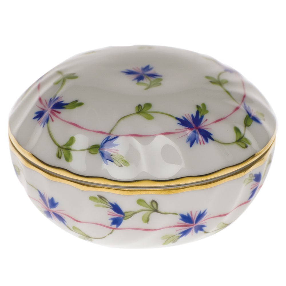 Hand-painted Herend Blue Garland Ring Box in fine porcelain, 2.75in D, on a white background