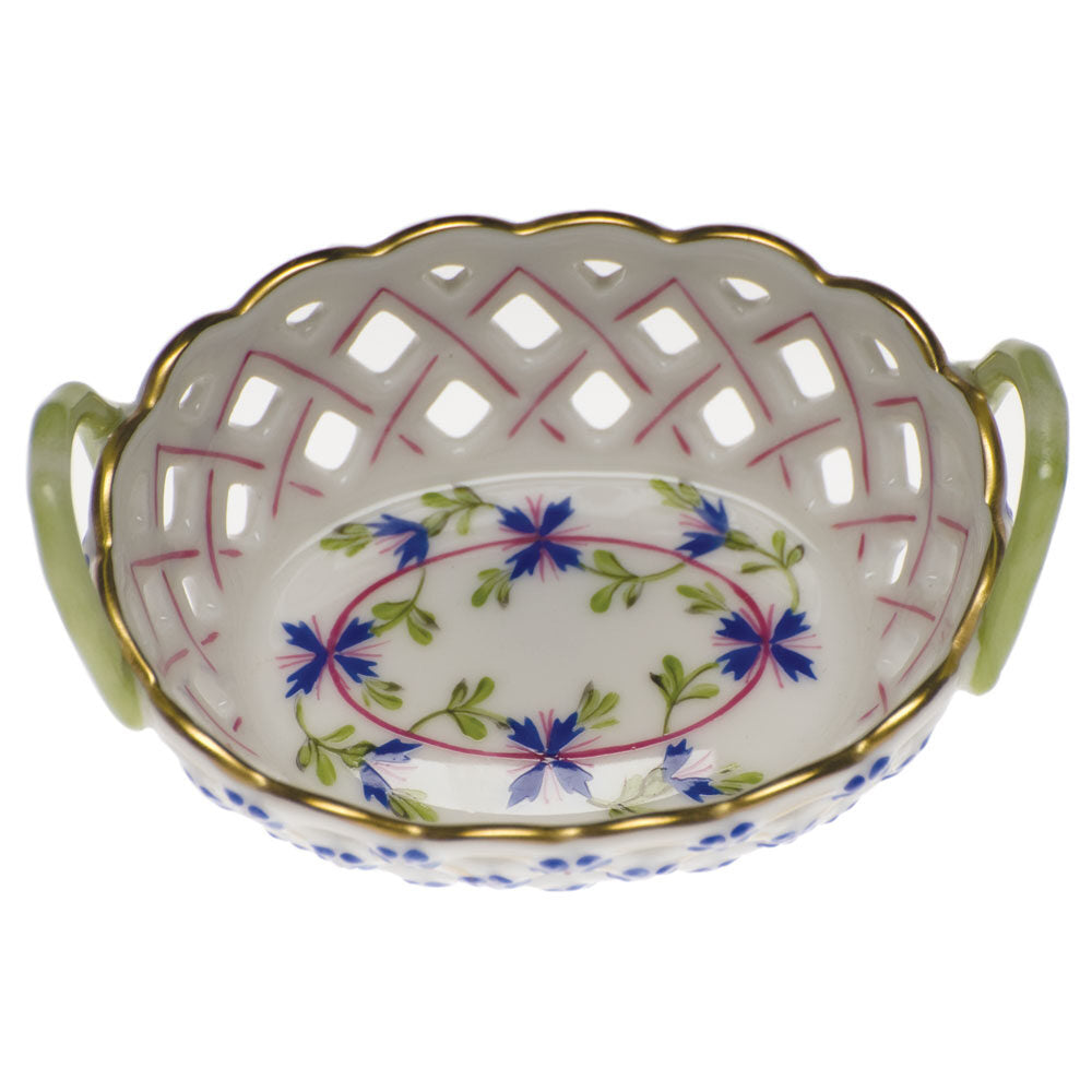 Hand-painted Herend Blue Garland Sm Openwork Basket with Handle in fine porcelain, 3.5in L X 2.5in W, on a white background