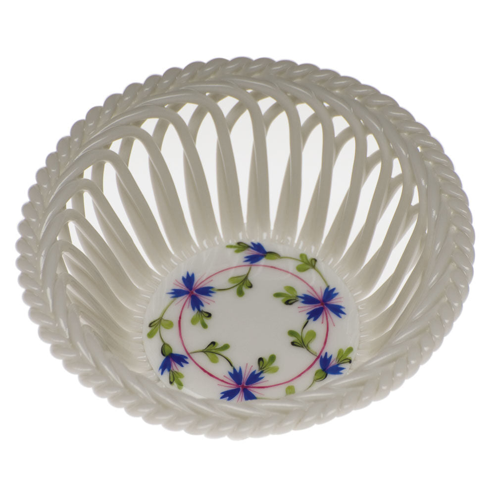 Hand-painted Herend Blue Garland Small Openwork Basket in fine porcelain, 3.75in D, on a white background