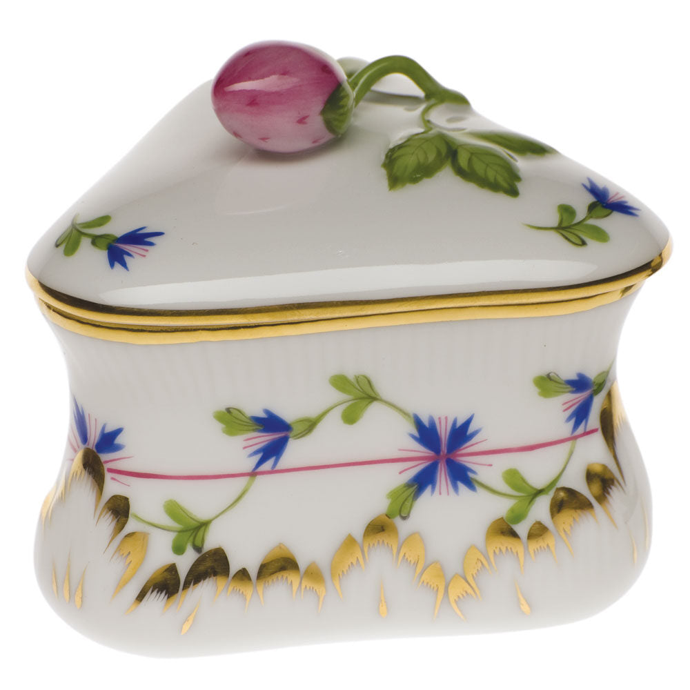 Hand-painted Herend Blue Garland Strawberry Bonbon Candy Dish in fine porcelain, 3in L X 3in H, on a white background