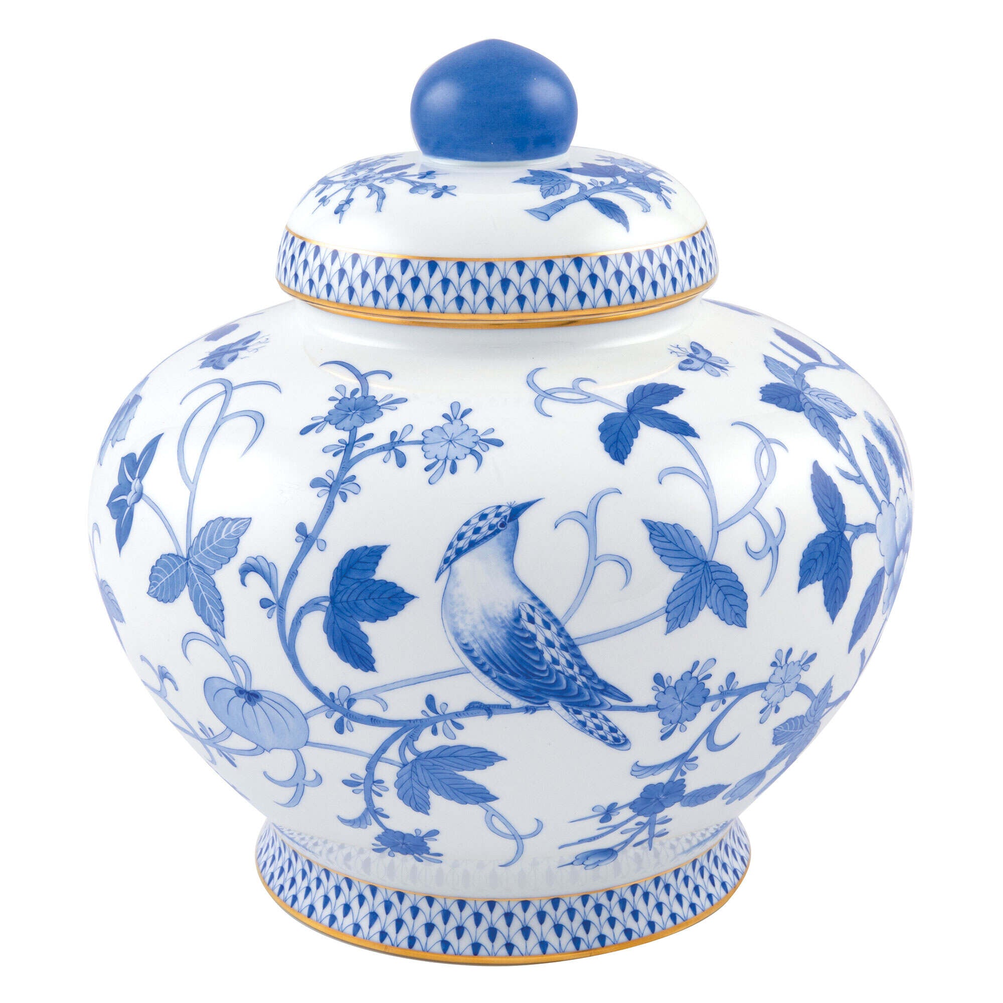 Hand-painted Herend Blue Peony Ginger Jar in fine porcelain, 8.5in H X 9in D, on a white background