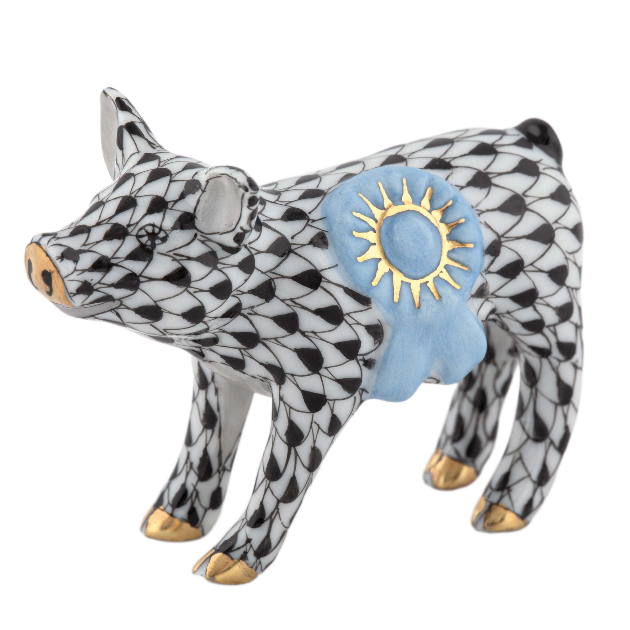 Blue Ribbon Pig Figurine in hand-painted Black porcelain by Herend of Hungary