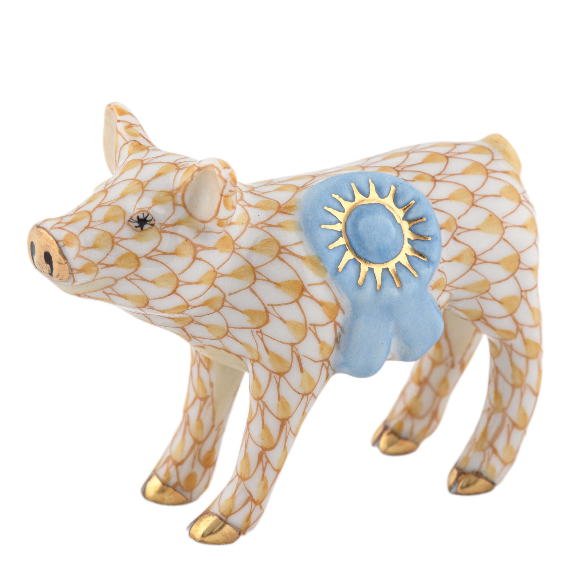 Hand-painted Herend Blue Ribbon Pig Figurine in Butterscotch fishnet porcelain on a white background