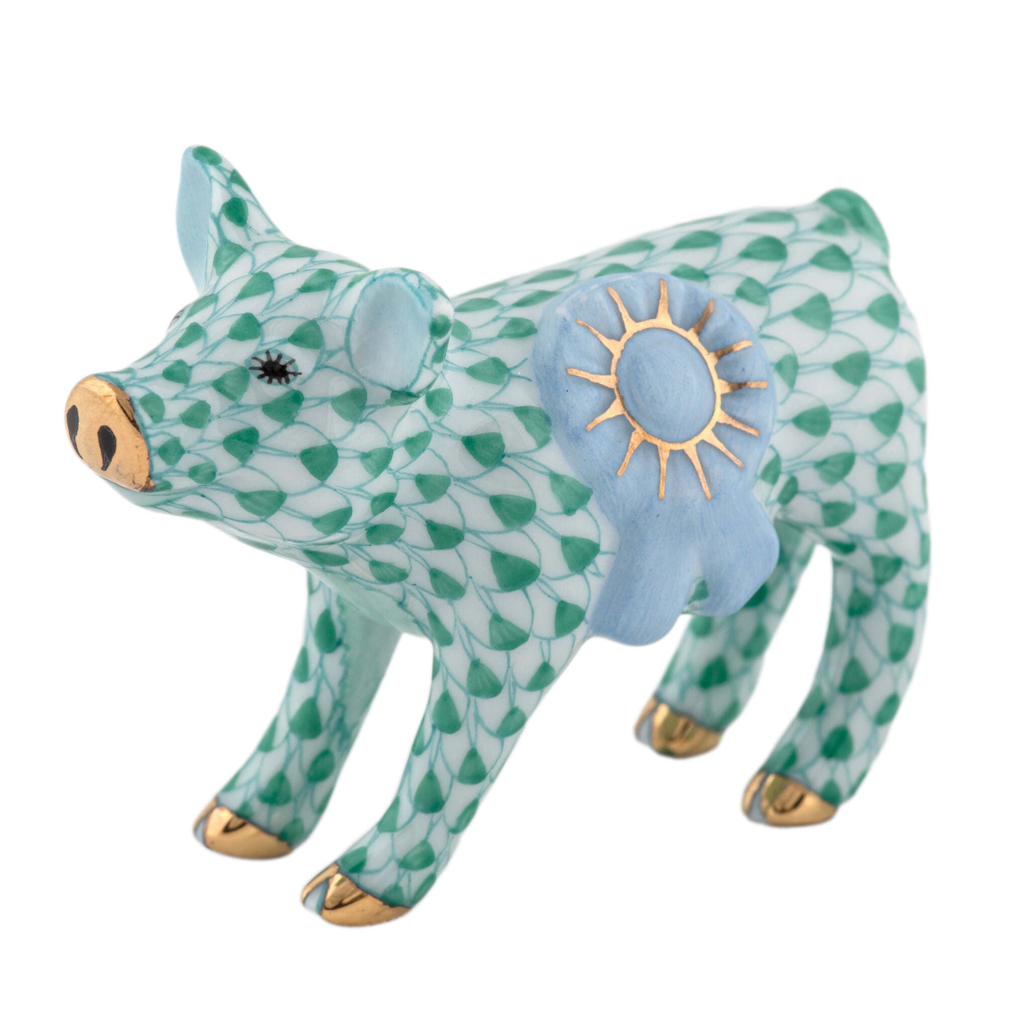 Herend Blue Ribbon Pig Figurine porcelain figurine painted in the Green fishnet pattern